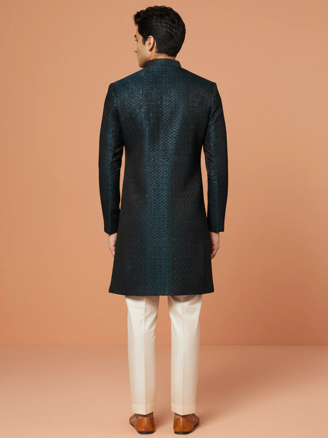 Navy Blue Textured Sherwani Trouser Set - Image 3