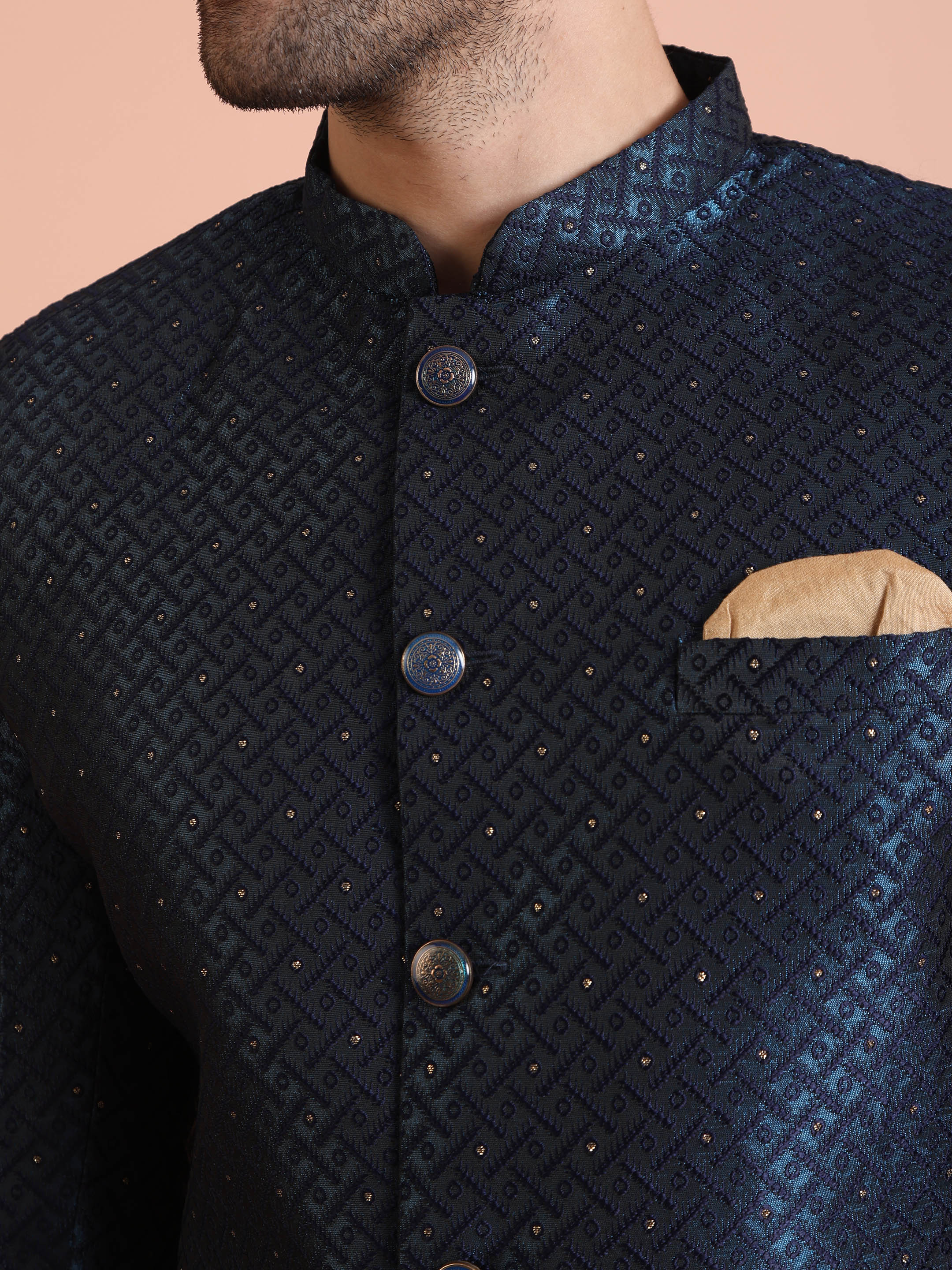 Navy Blue Textured Sherwani Trouser Set - Image 4