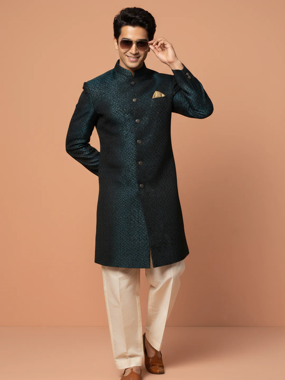 Navy Blue Textured Sherwani Trouser Set - Image 6