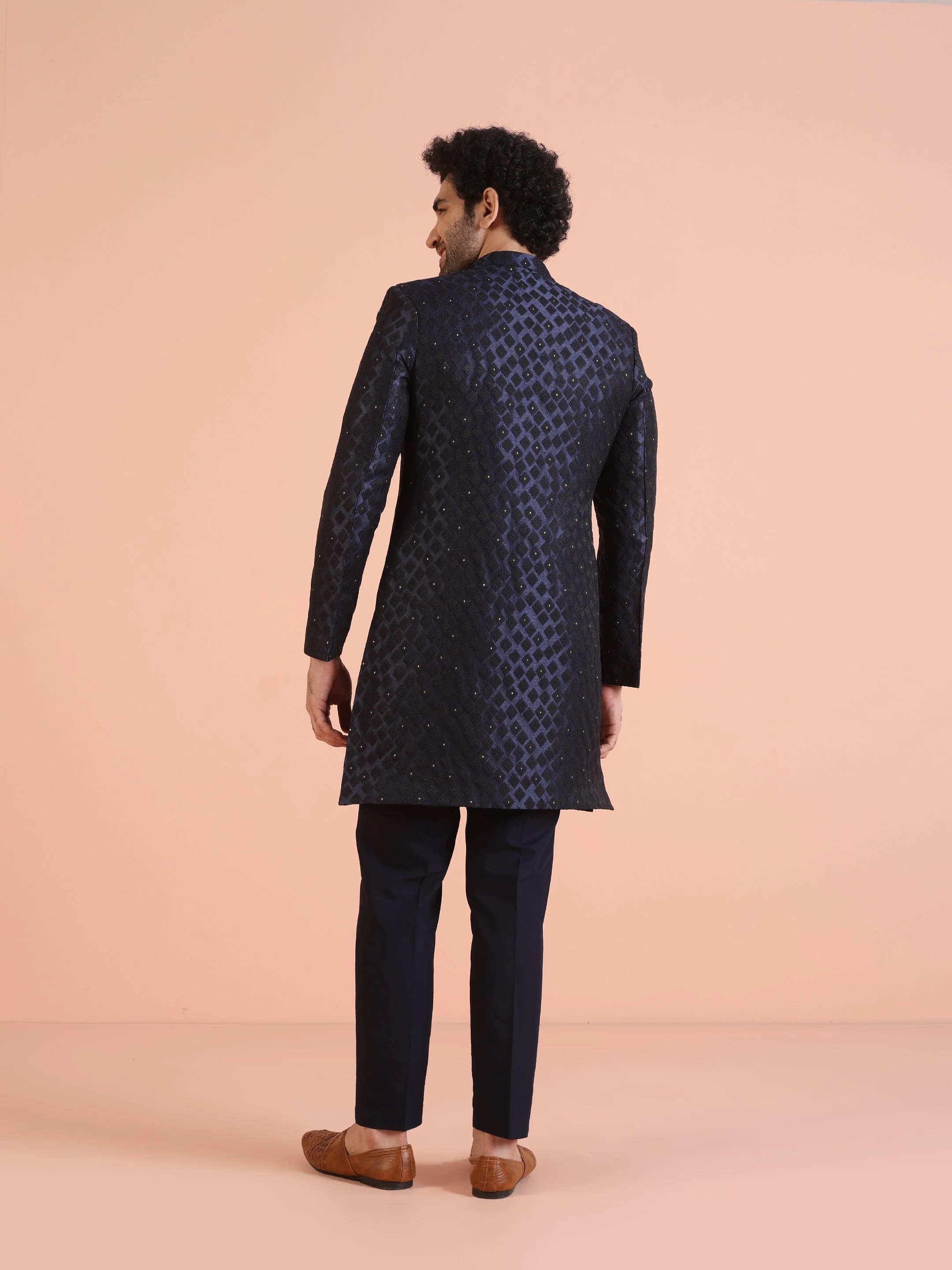 Navy Blue Textured Sherwani Trouser Set - Image 4