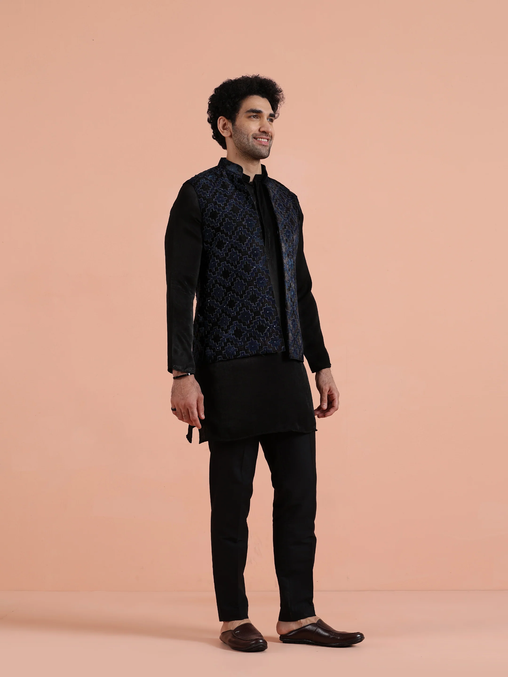 Navy Blue Textured Velvet Nehru Jacket - Image 3