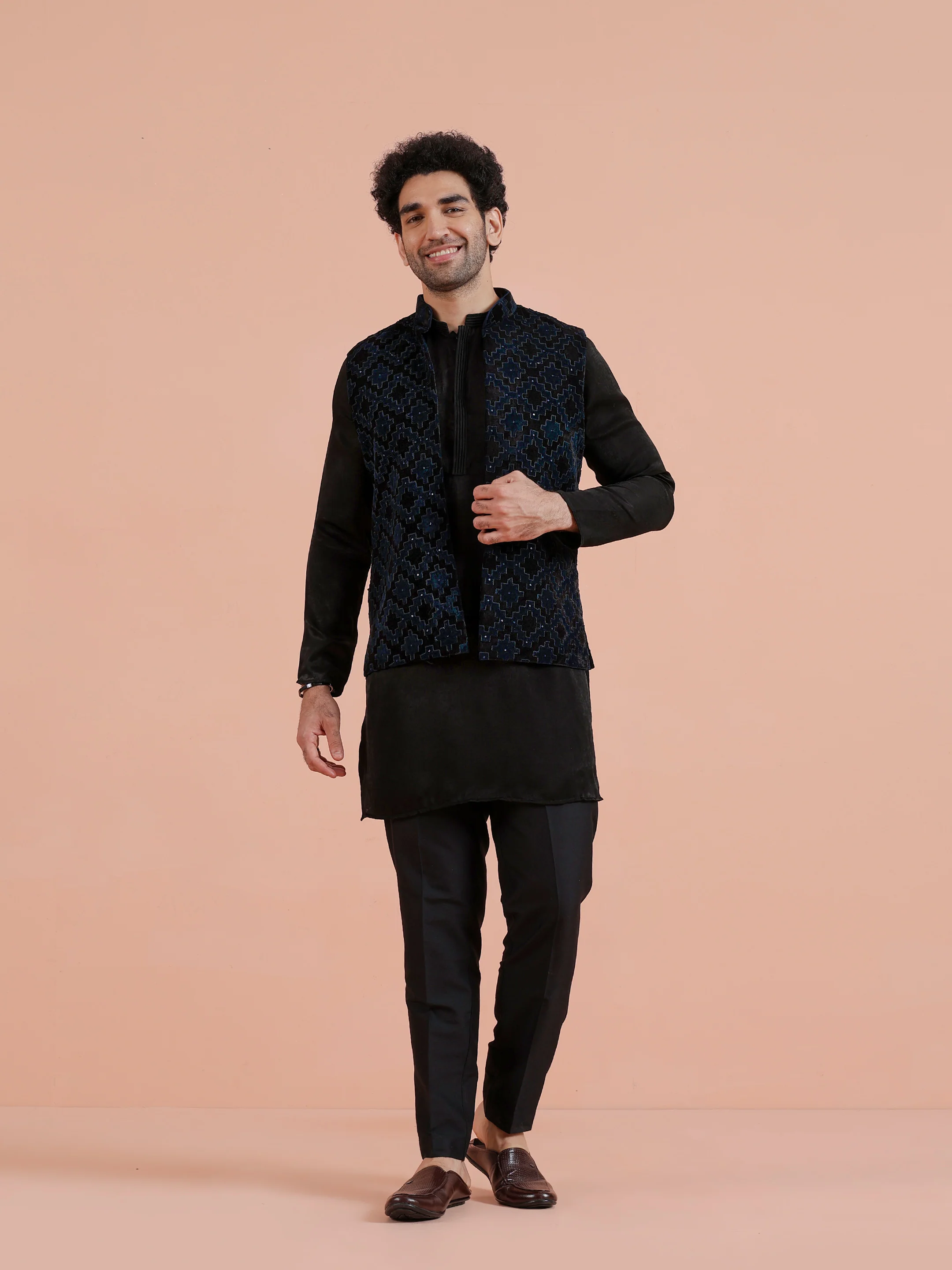 Navy Blue Textured Velvet Nehru Jacket - Image 6
