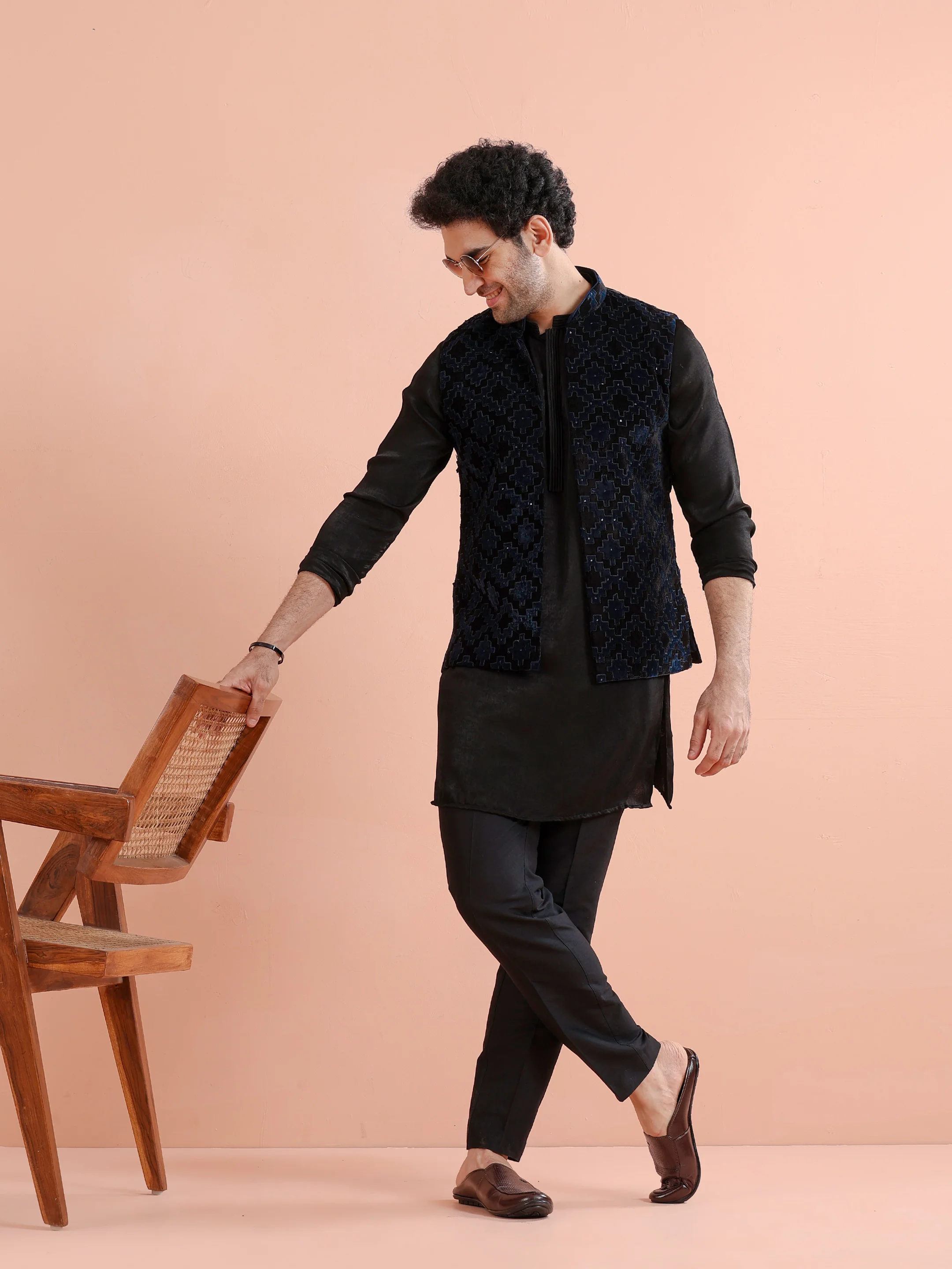 Navy Blue Textured Velvet Nehru Jacket - Image 8