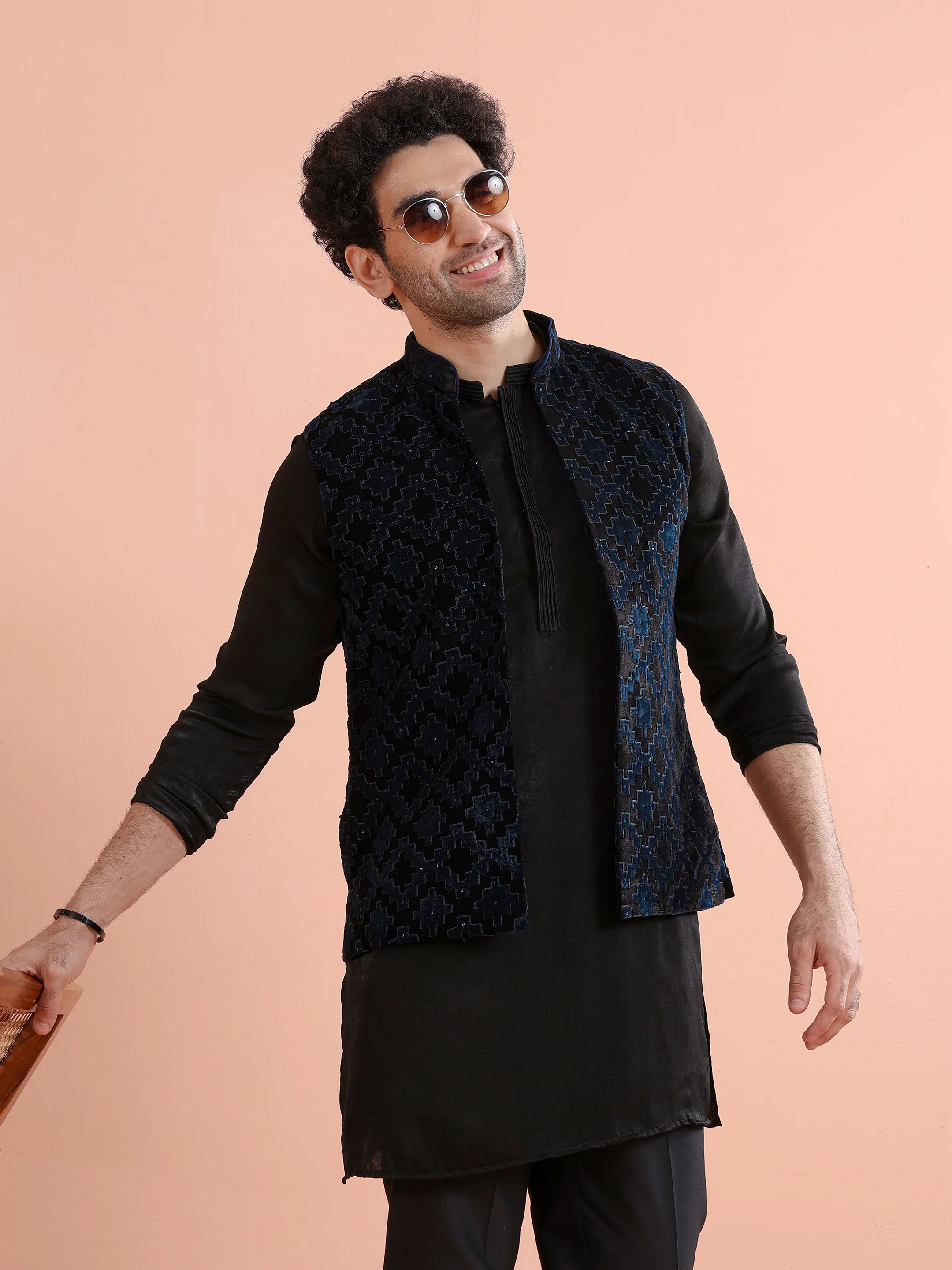 Navy Blue Textured Velvet Nehru Jacket - Image 9