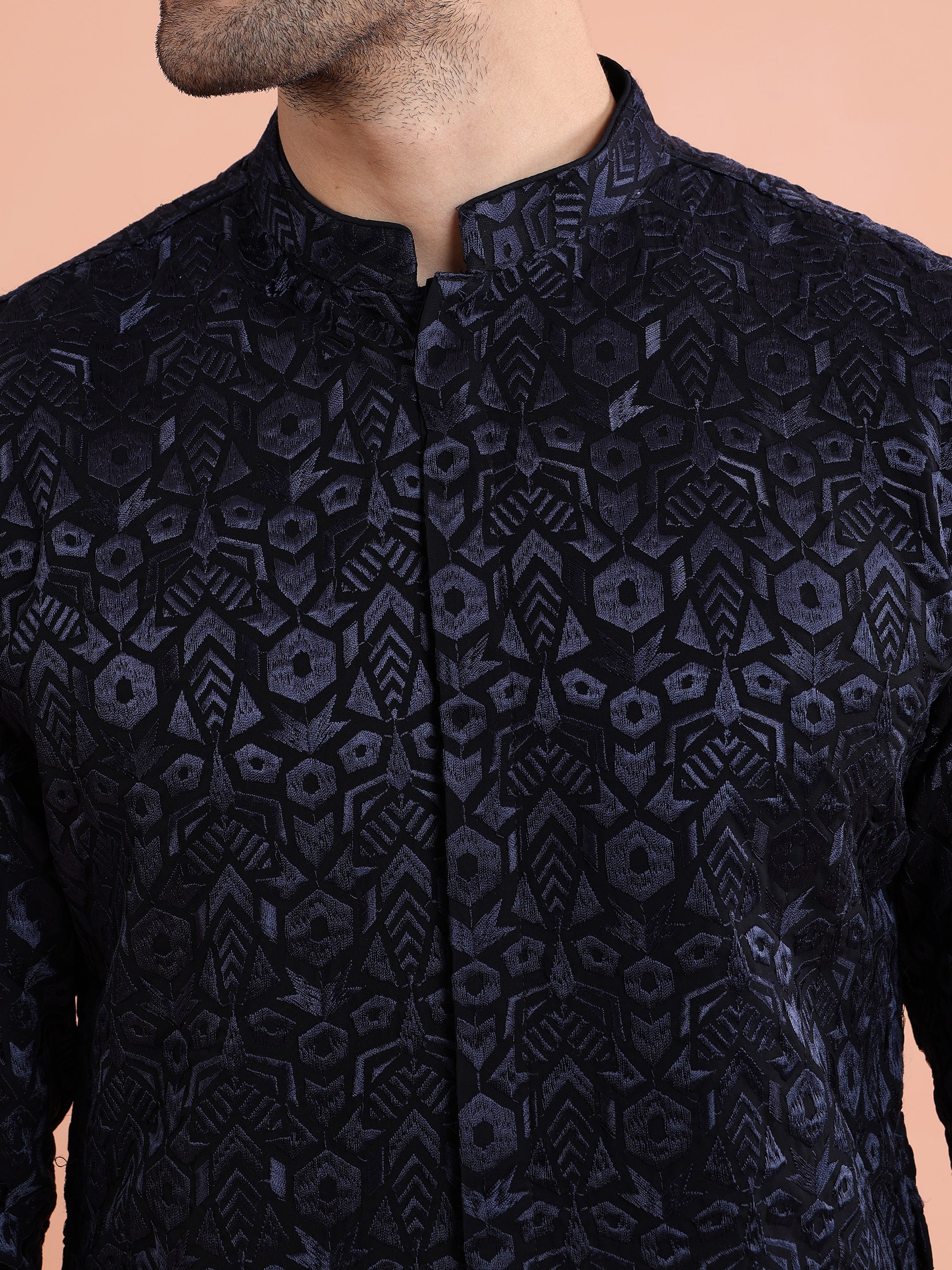 Navy Blue Velvet Embroidered Mid Kurta - Image 5