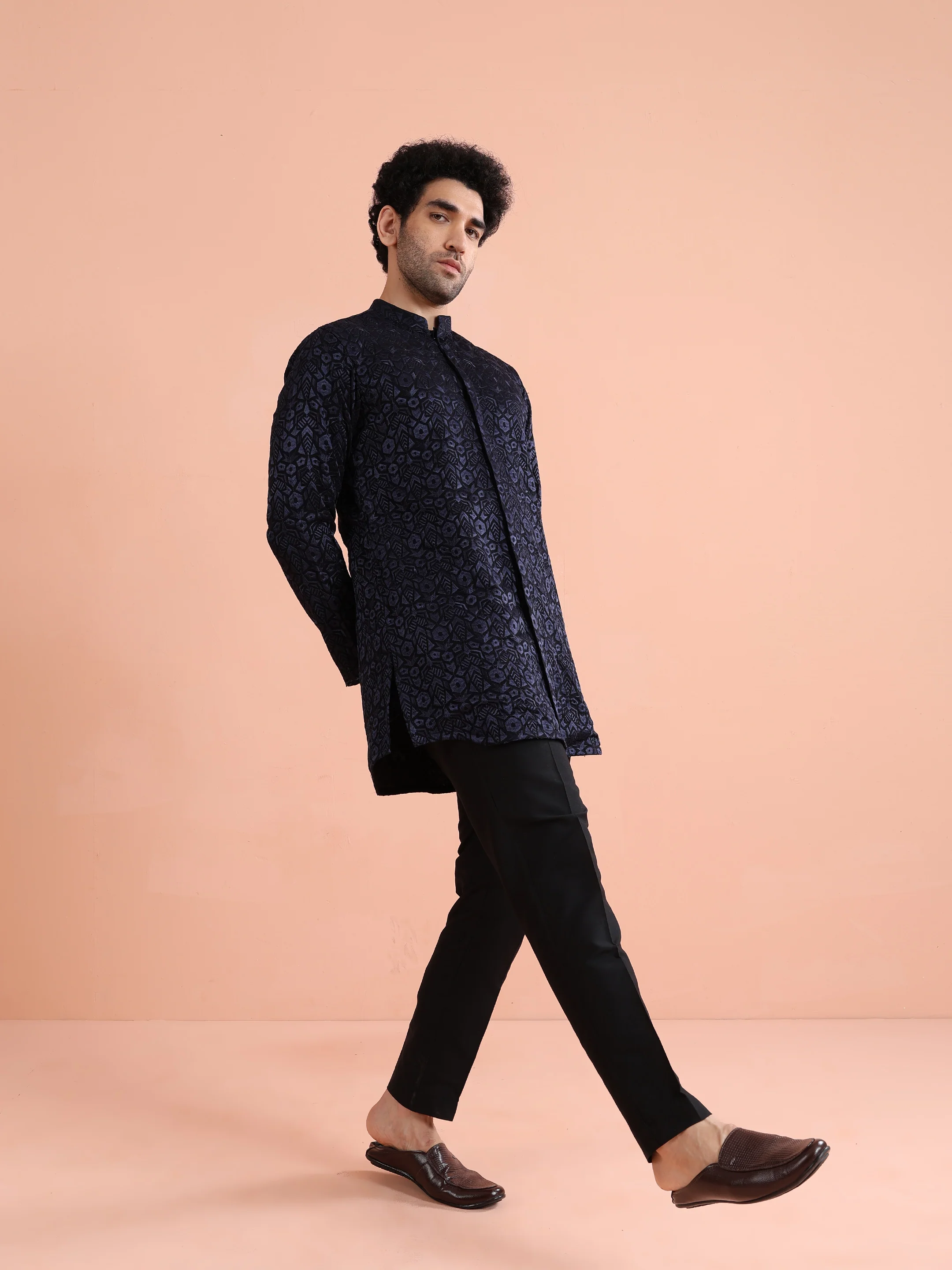 Navy Blue Velvet Embroidered Mid Kurta - Image 6