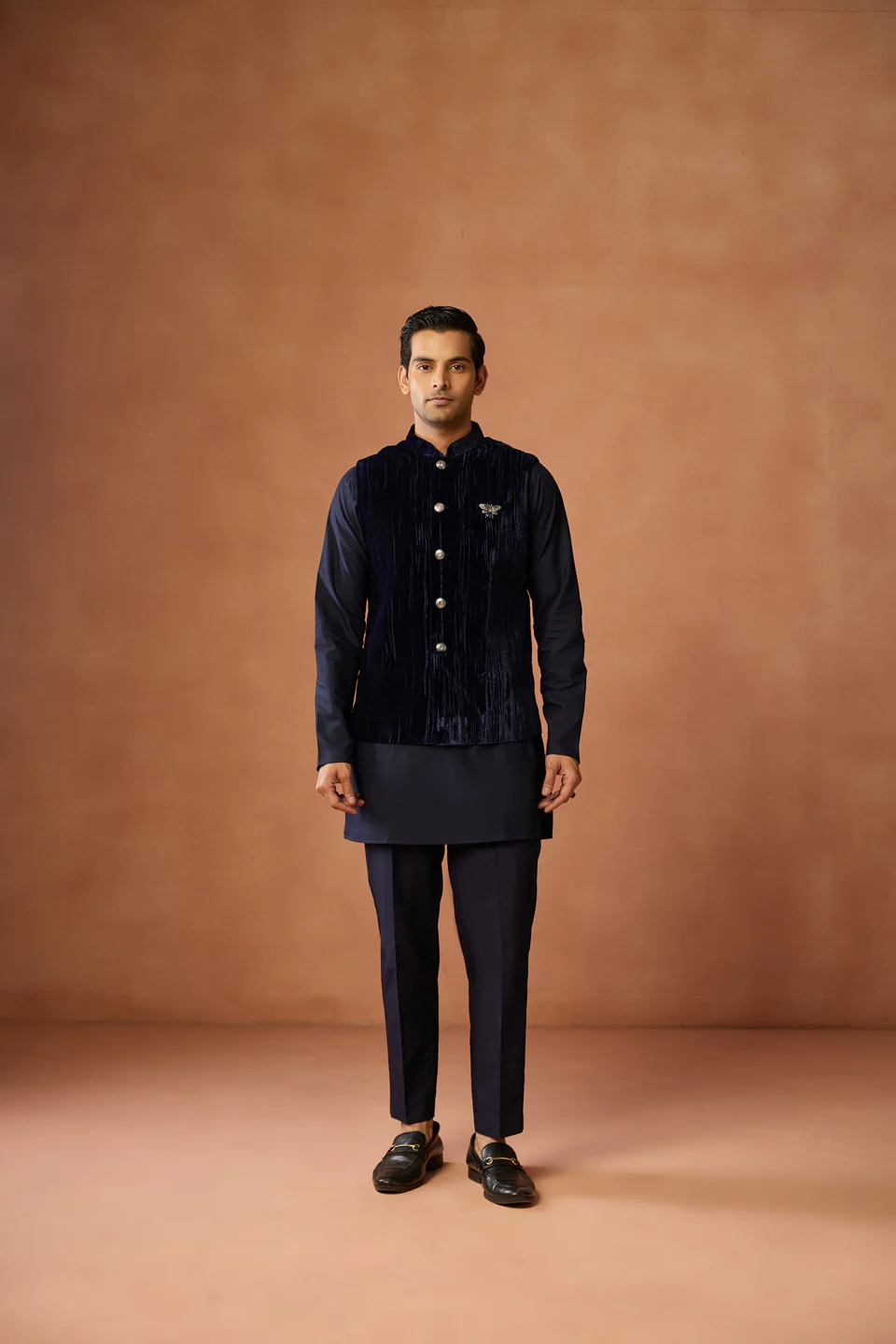 Navy Blue Velvet Jacket Kurta Trouser Set