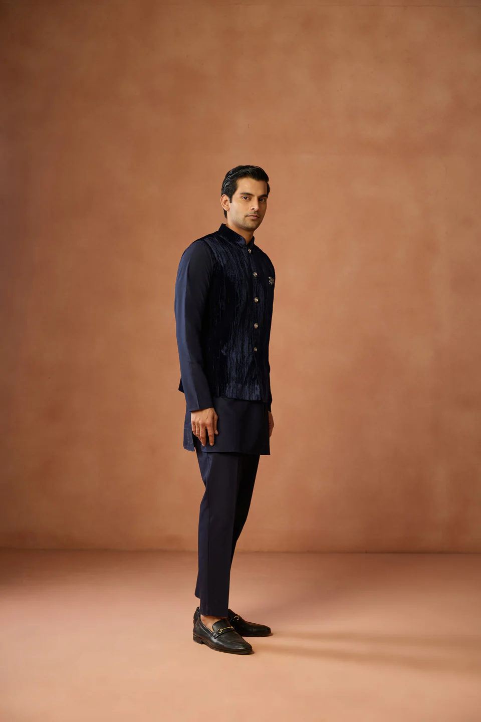 Navy Blue Velvet Jacket Kurta Trouser Set - Image 2