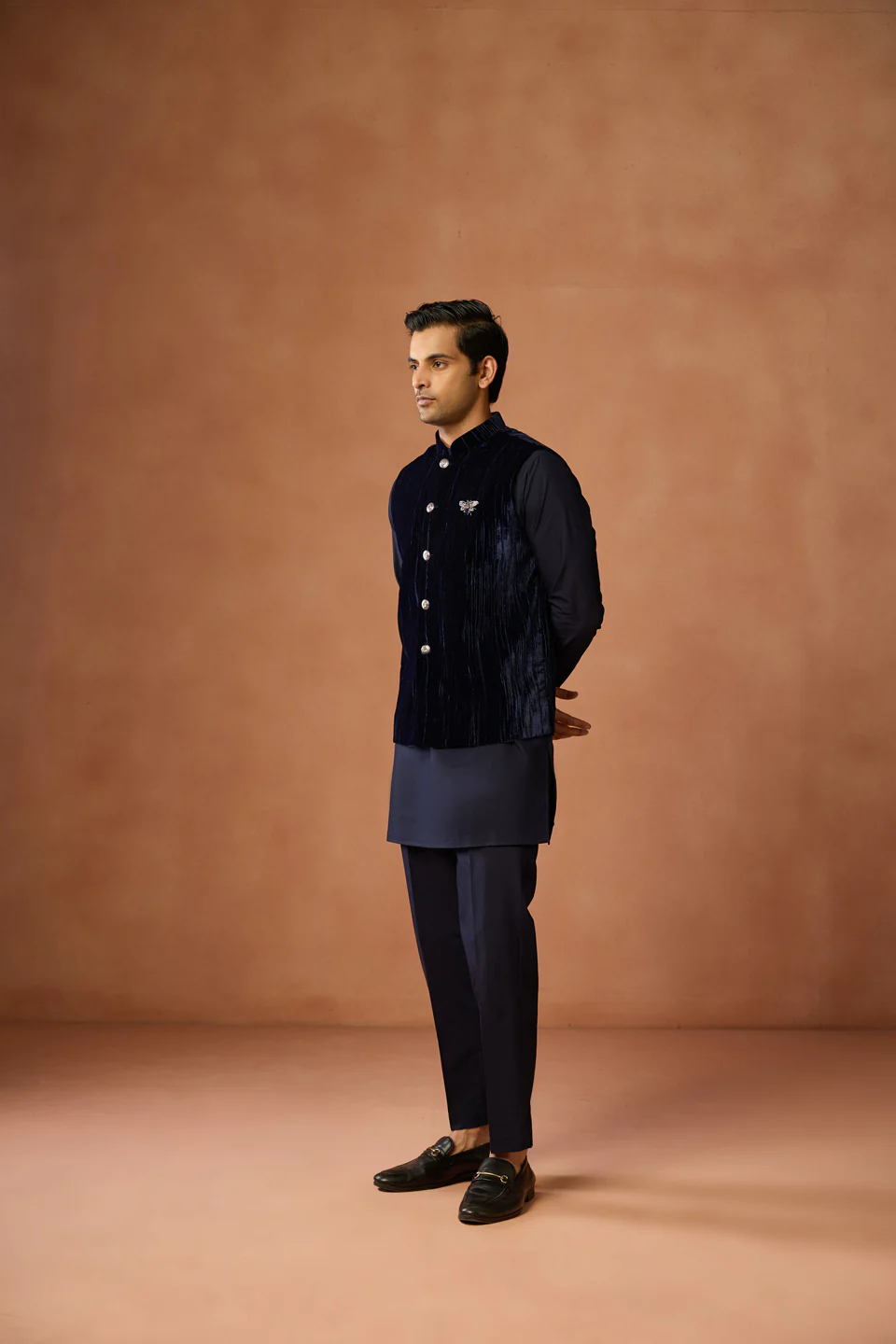 Navy Blue Velvet Jacket Kurta Trouser Set - Image 3