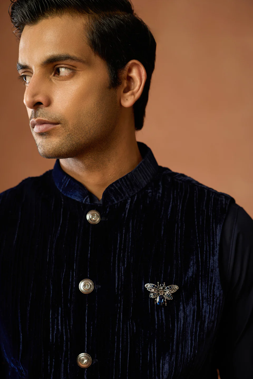 Navy Blue Velvet Jacket Kurta Trouser Set - Image 5