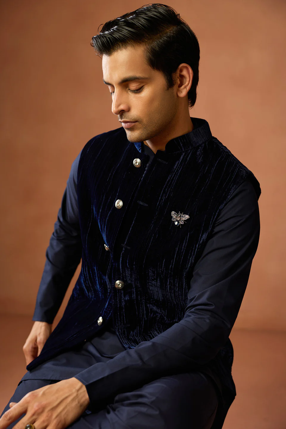 Navy Blue Velvet Jacket Kurta Trouser Set - Image 8