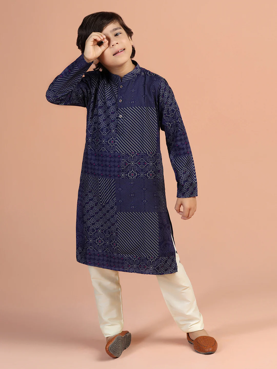 Navy Geometric Print Kids Kurta Set - Image 7