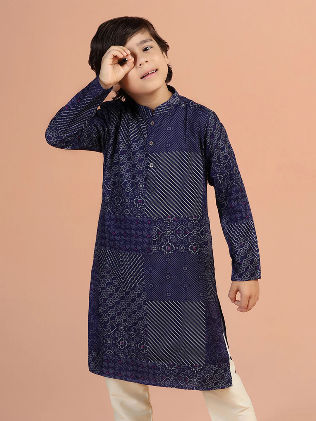 Navy Geometric Print Kids Kurta Set - Image 9