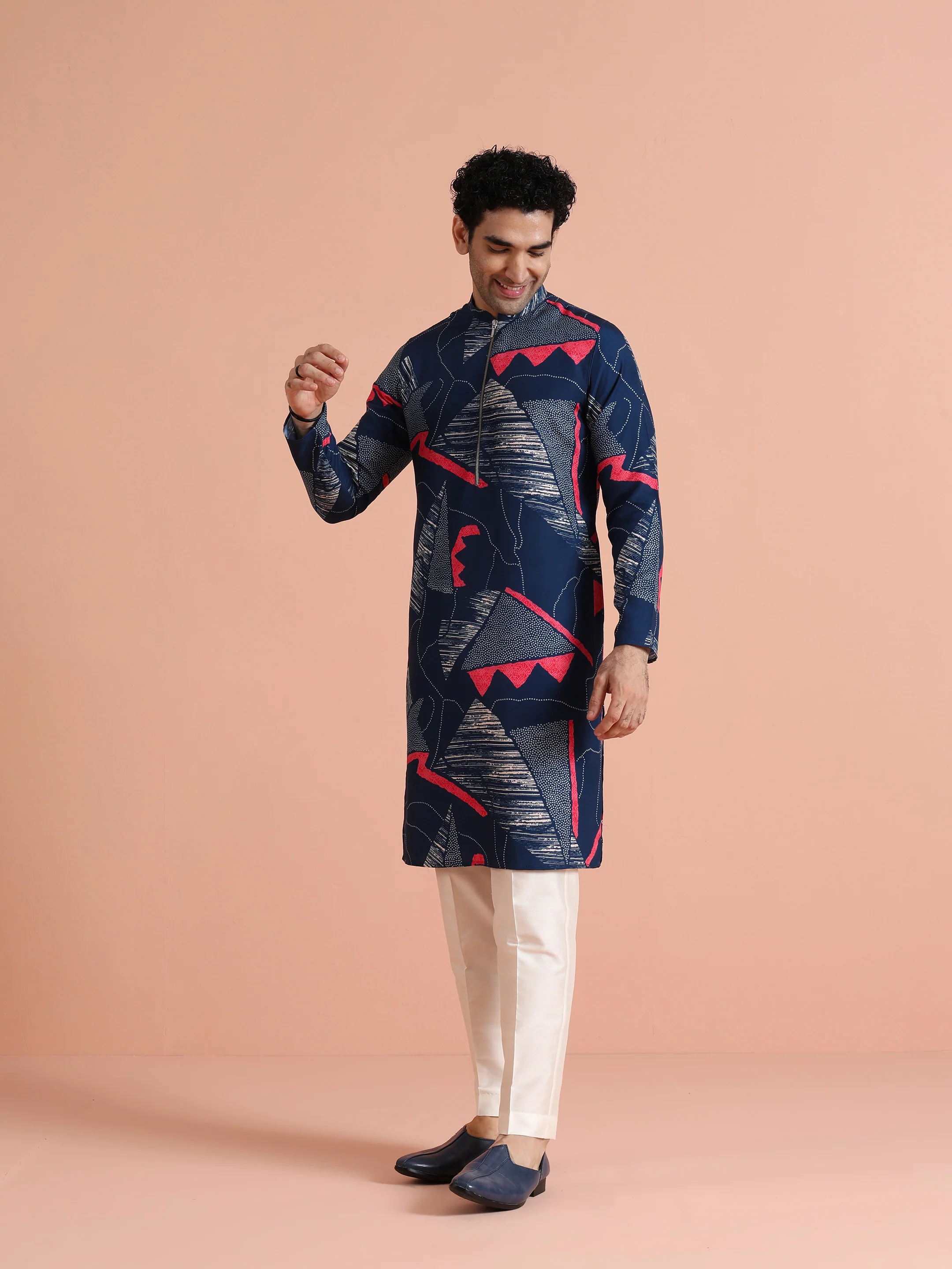 Navy Kurta with Abstract Red Print - Image 4