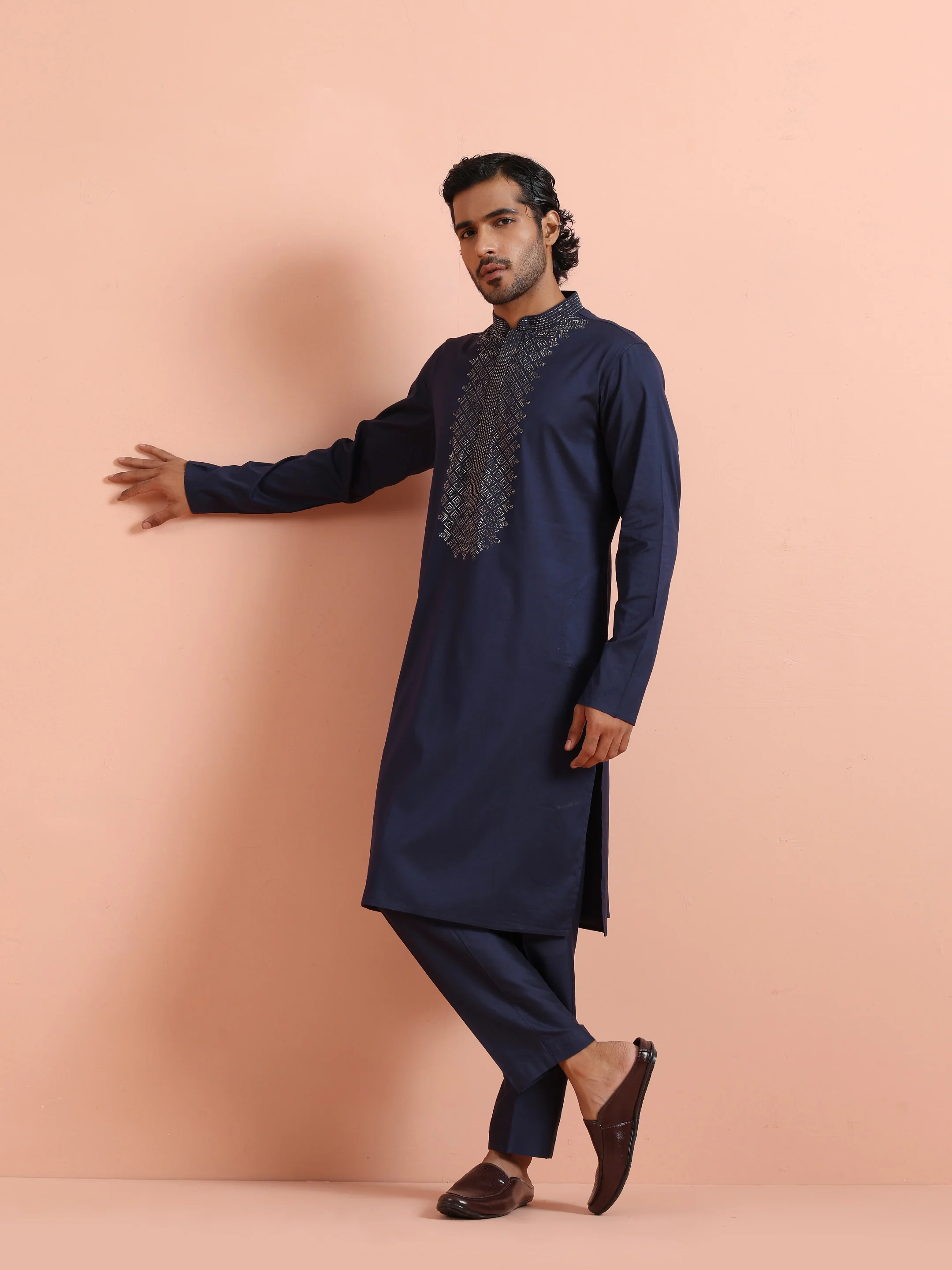 Navy Kurta with Geometric Embroidery - Image 6