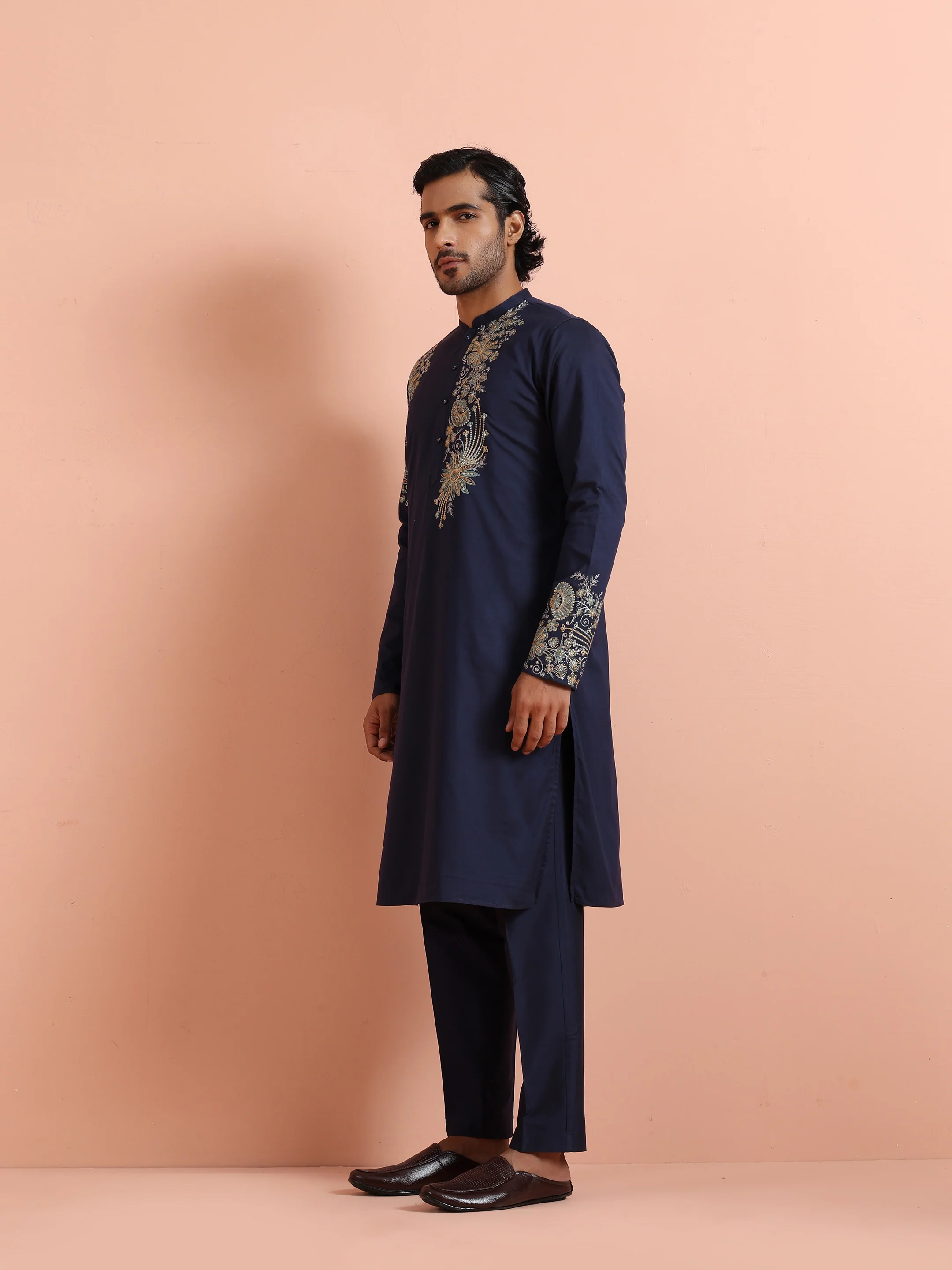 Navy Kurta with Heavy Embroidery - Image 3