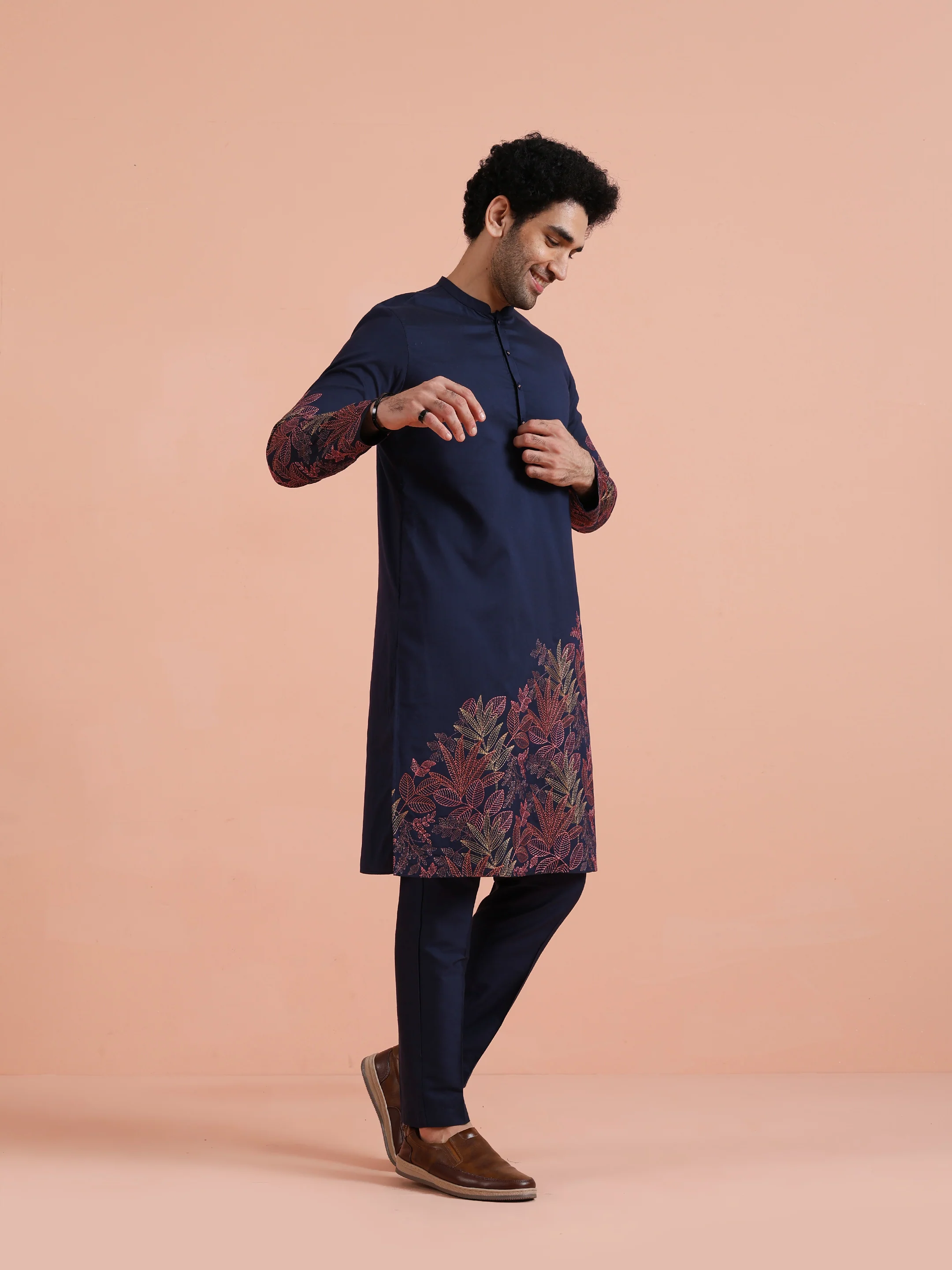 Navy Kurta with Red Embroidery - Image 3