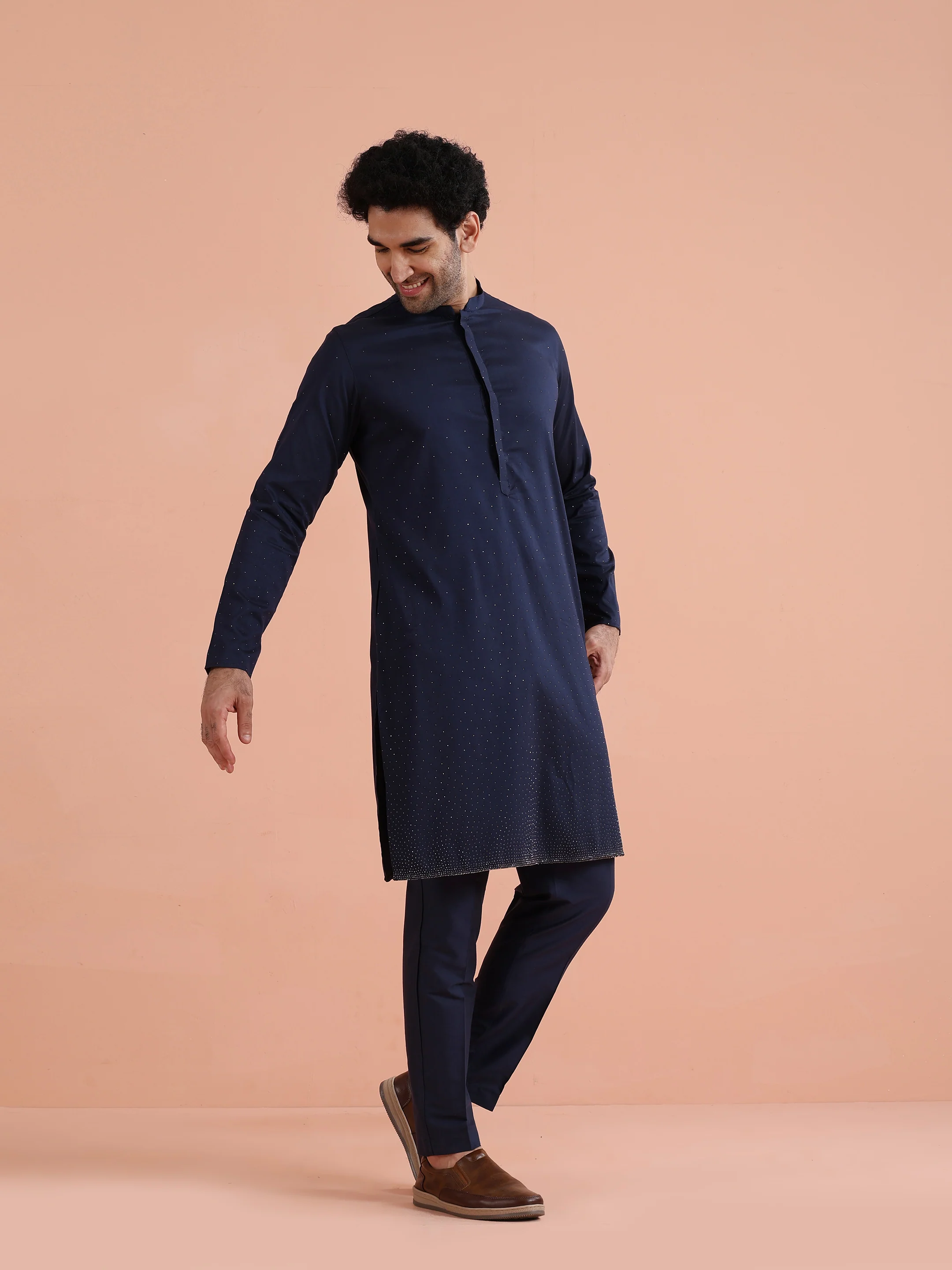 Navy Kurta with Subtle Embellishment - Image 3