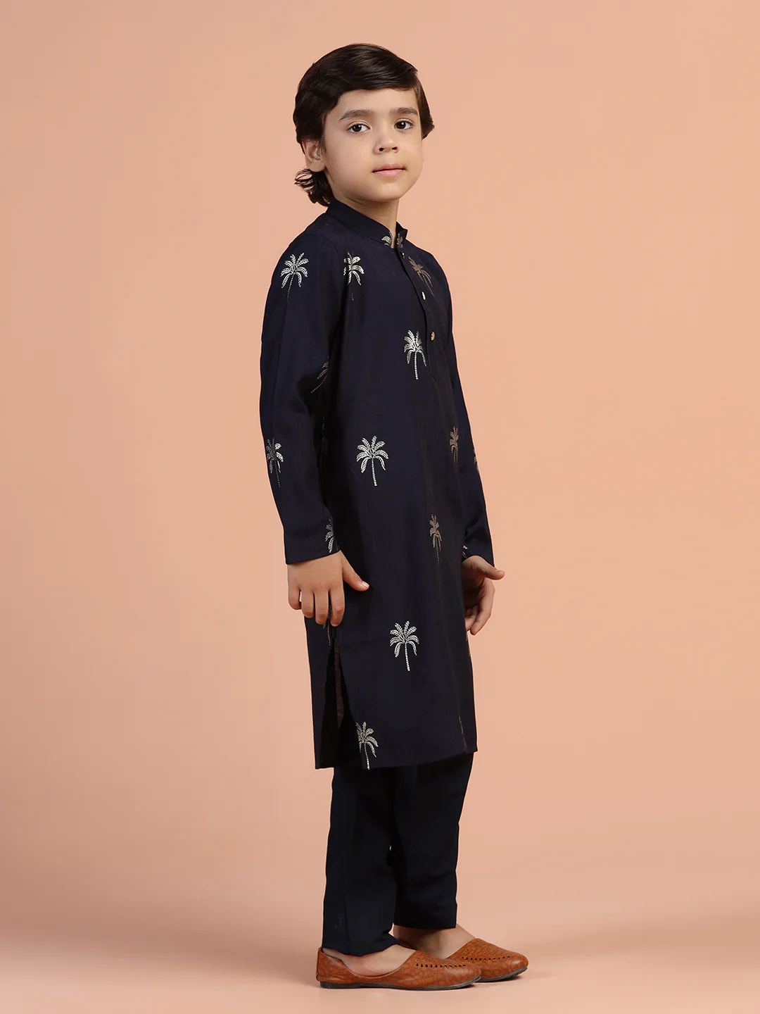 Navy Palm Print Kurta - Image 3