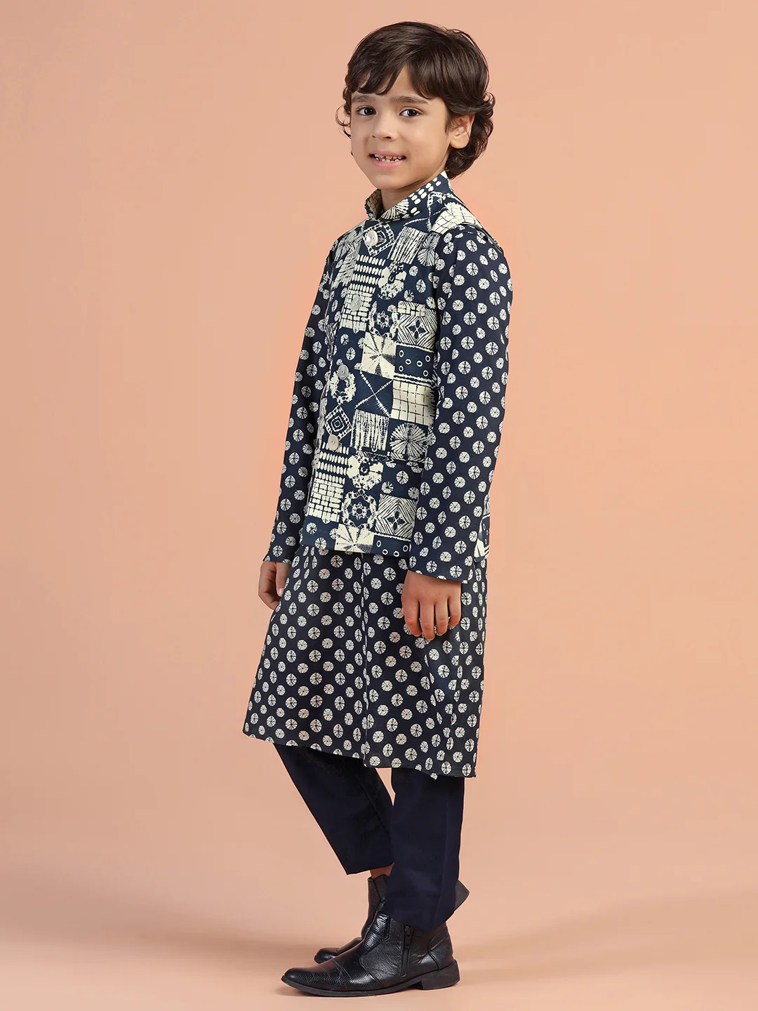 Navy Printed Kids Kurta Jacket Set - Image 2