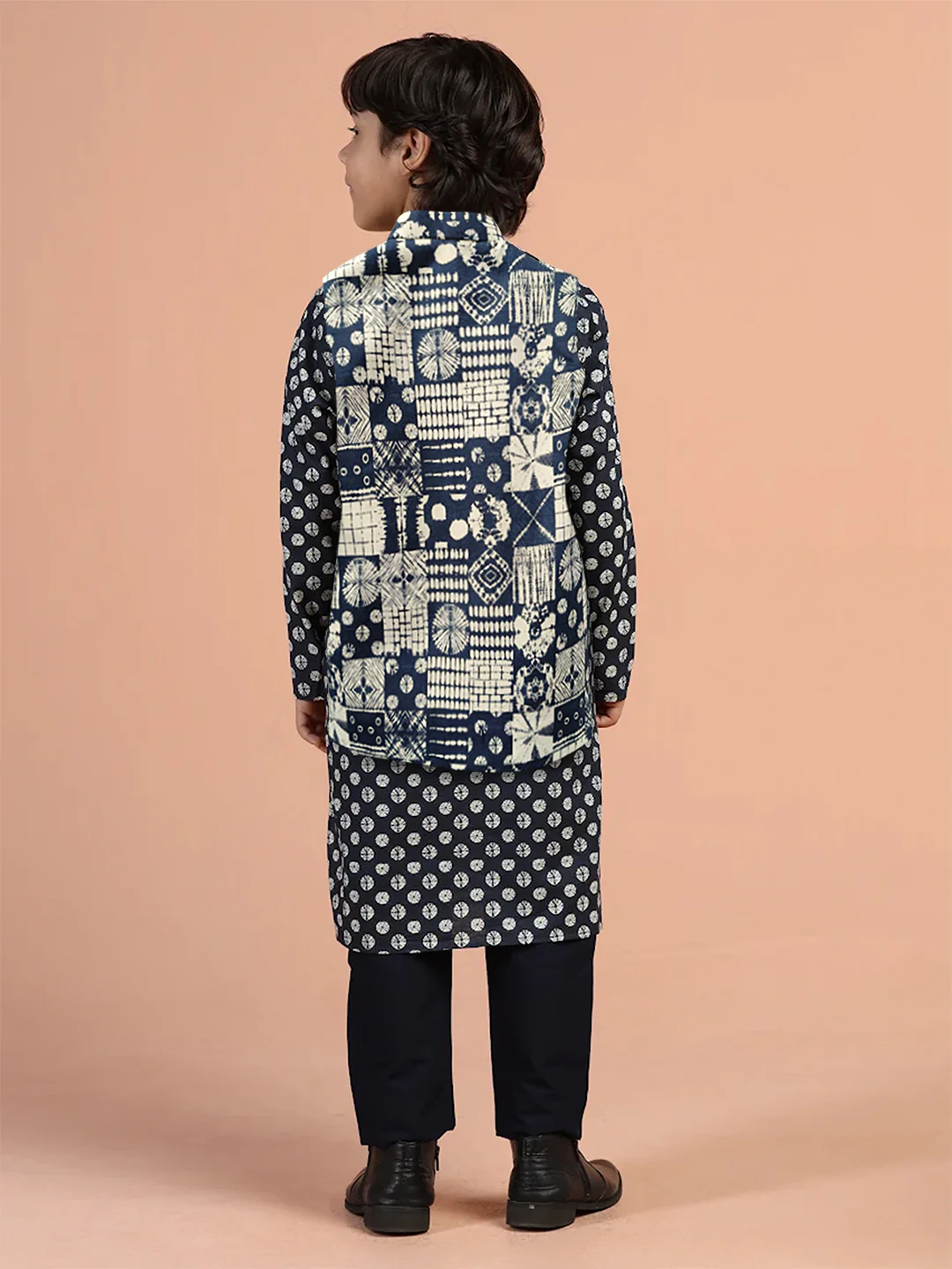 Navy Printed Kids Kurta Jacket Set - Image 4