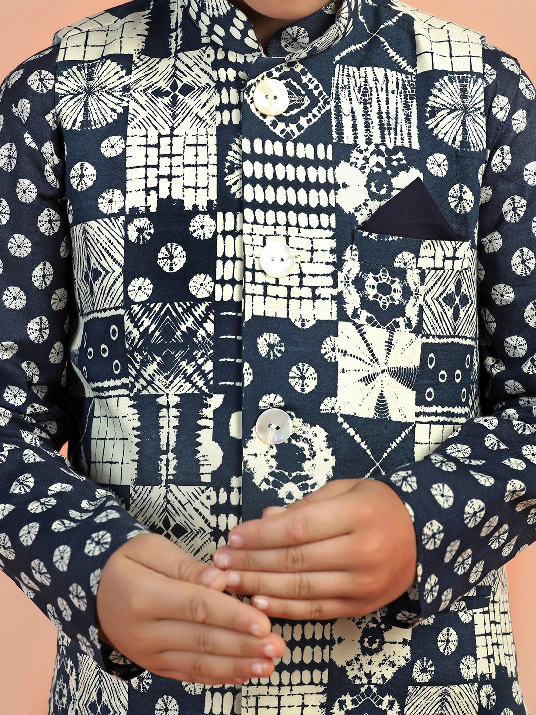 Navy Printed Kids Kurta Jacket Set - Image 5