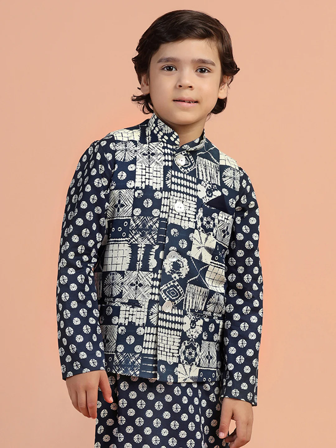 Navy Printed Kids Kurta Jacket Set - Image 8