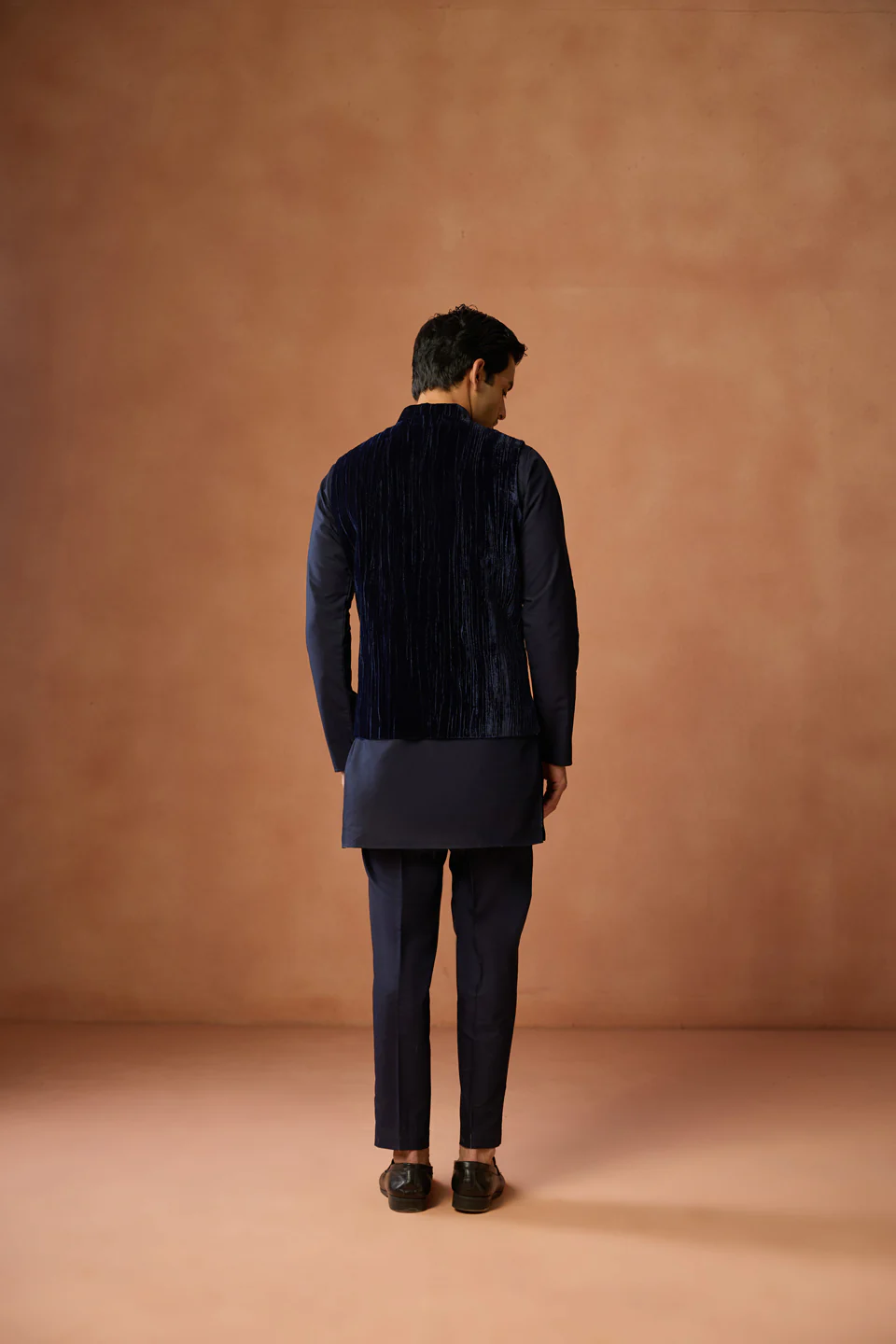Navy Velvet Textured Nehru Jacket with Brooch - Image 4
