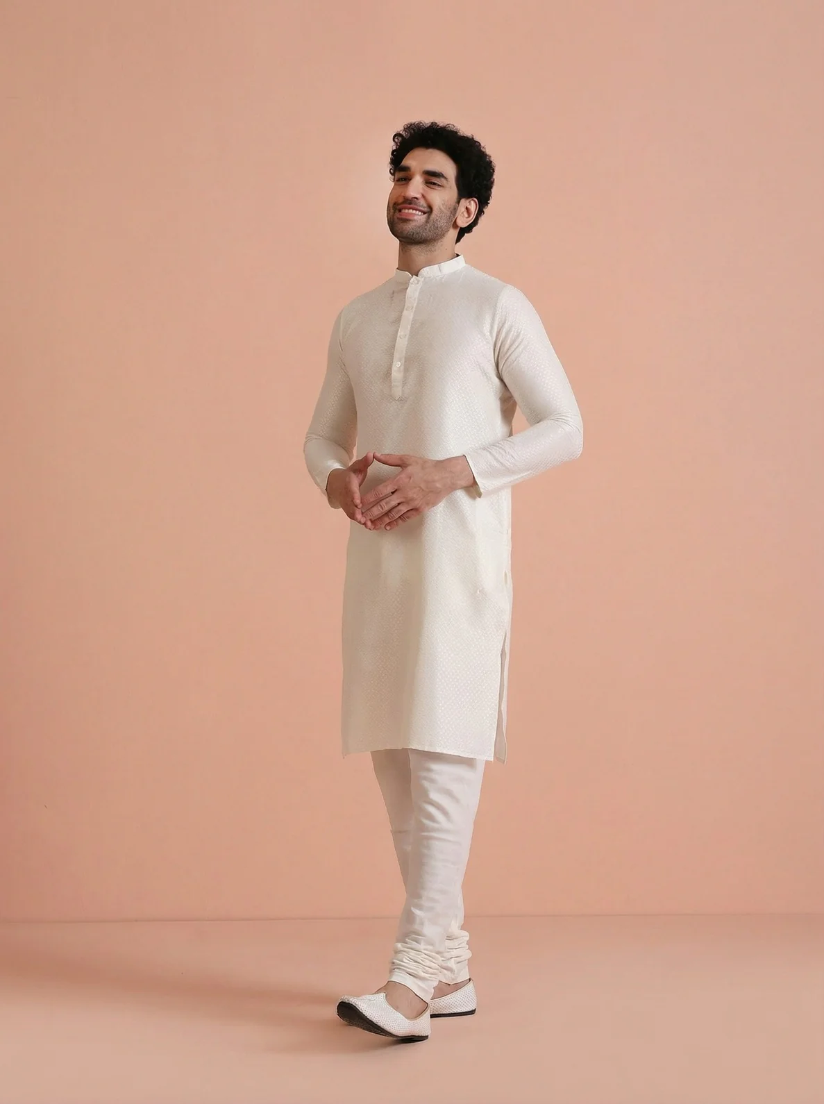Off-White Cotton Blend Solid Kurta Churidar Set - Image 2