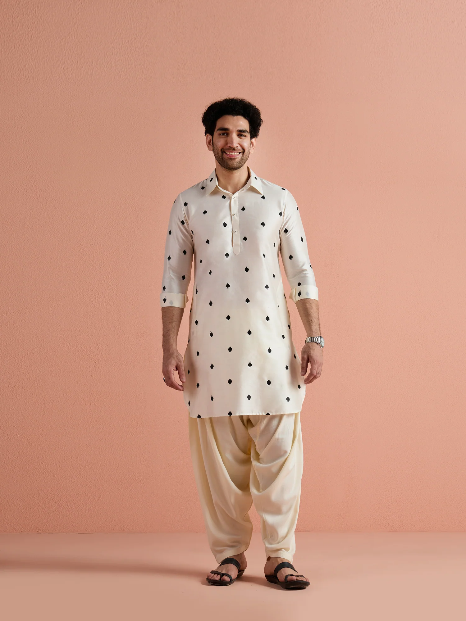Off-White Cotton Embroidered Pathani Kurta - Image 10