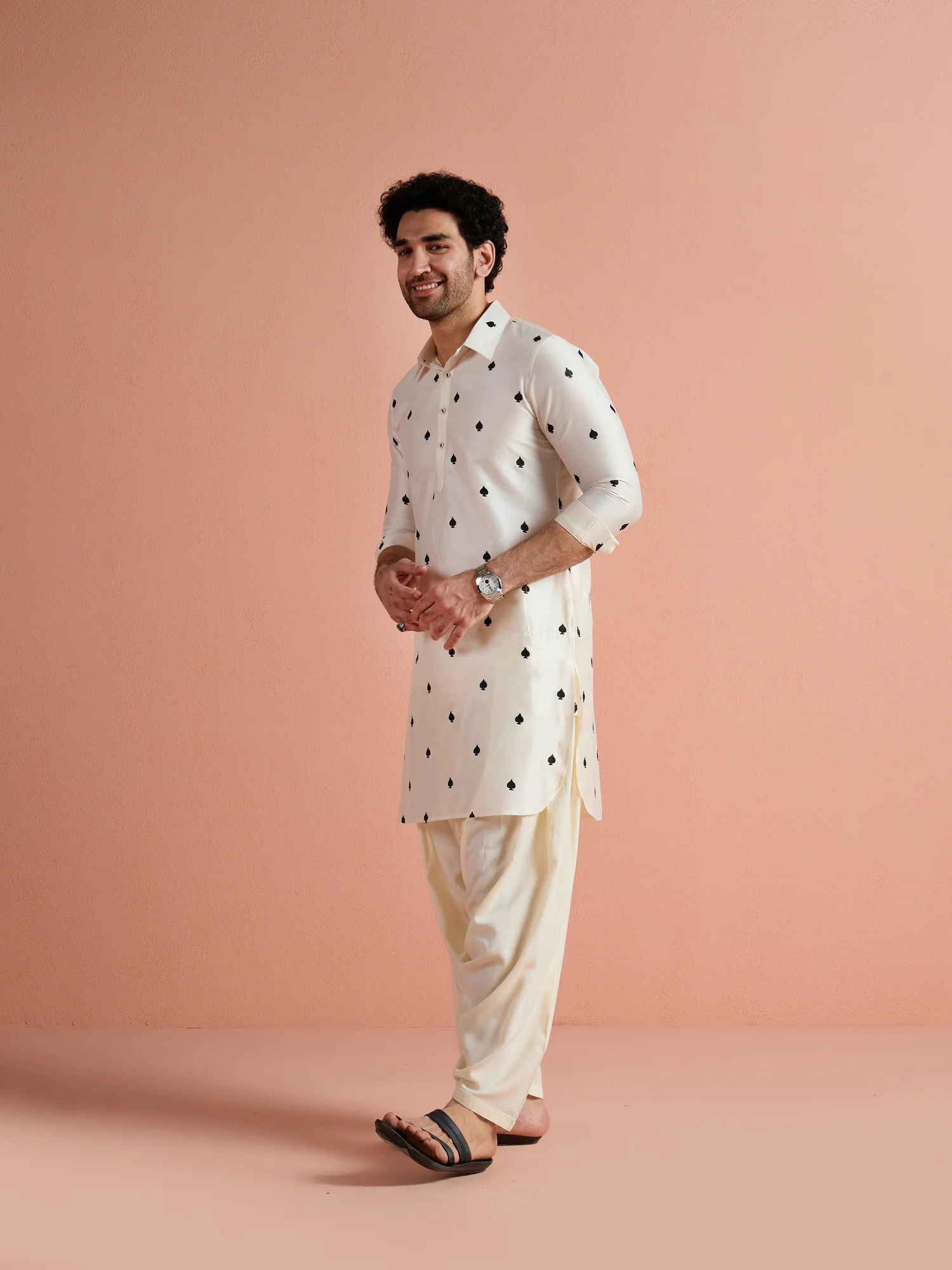 Off-White Cotton Embroidered Pathani Kurta - Image 4
