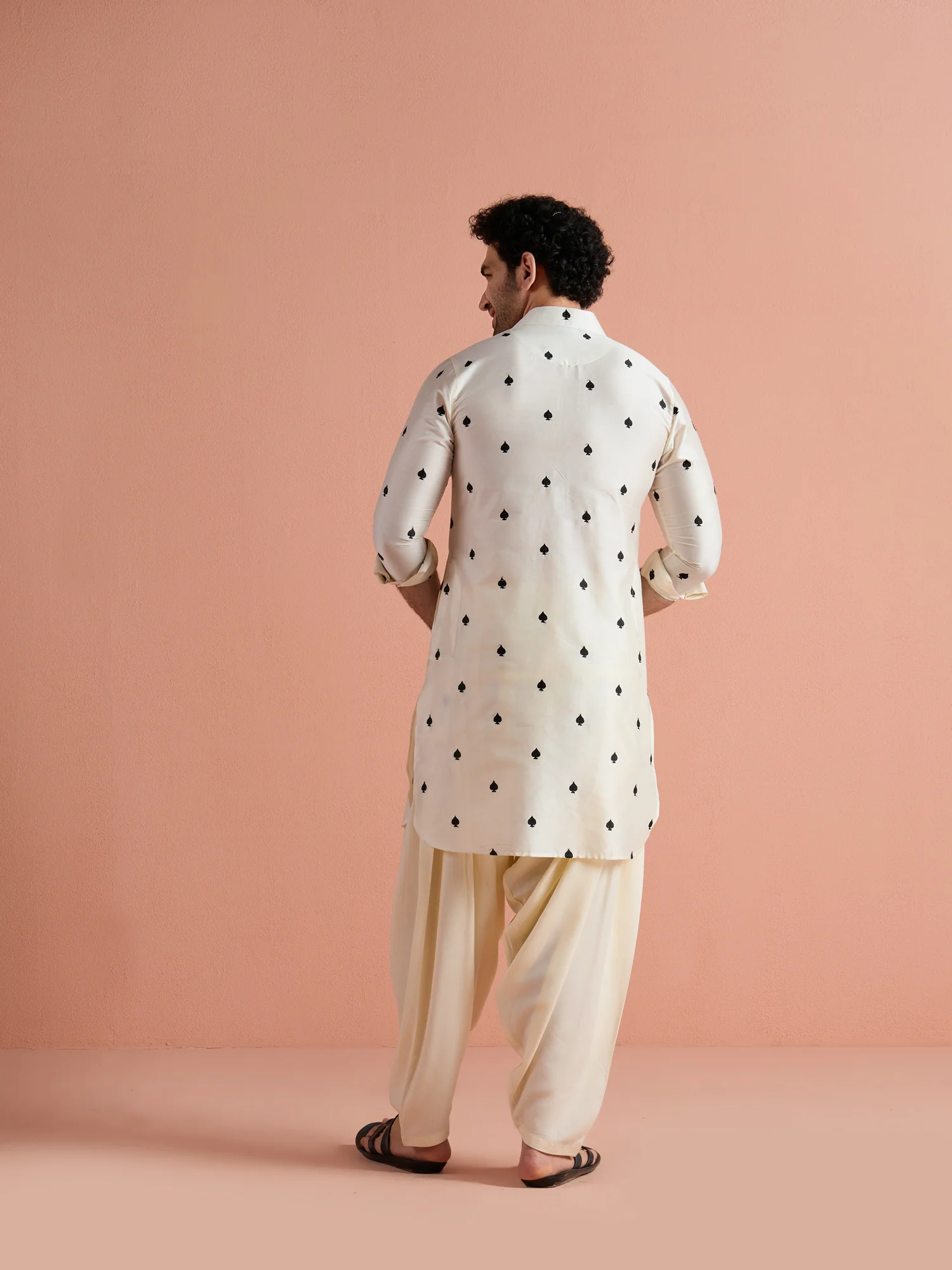 Off-White Cotton Embroidered Pathani Kurta - Image 5