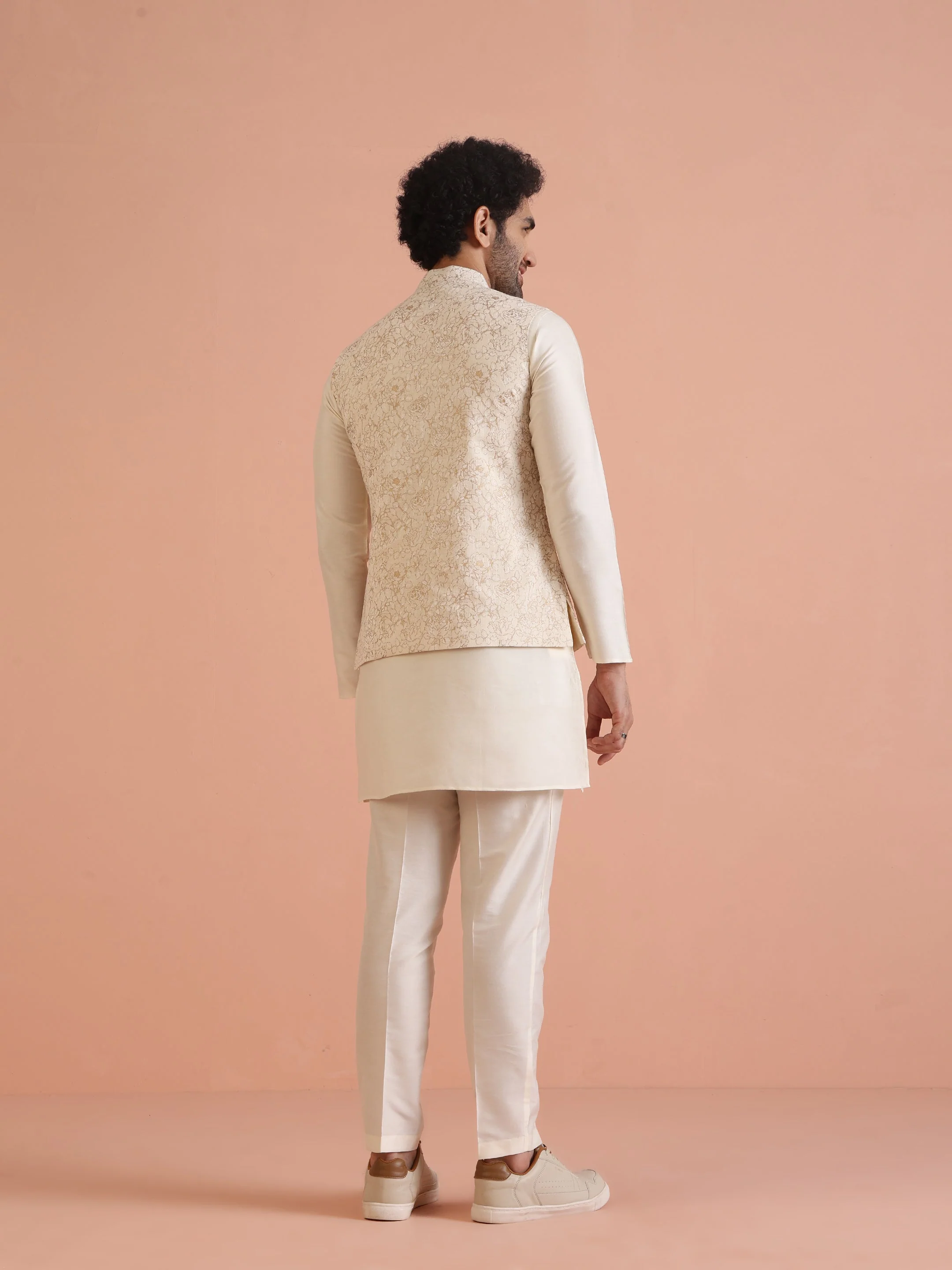 Off-White Floral Print Jacket Set with Kurta & Trouser - Image 4