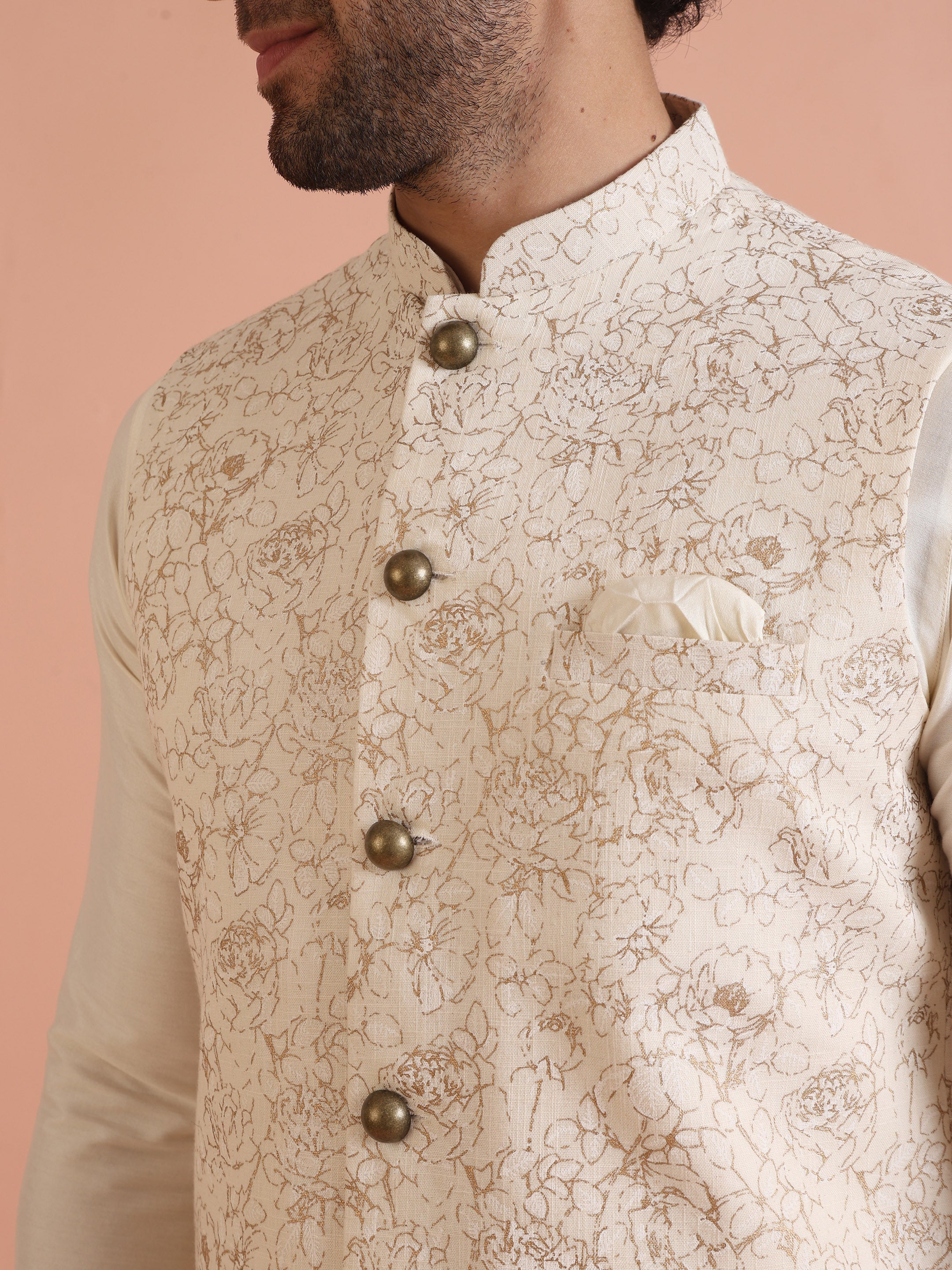 Off-White Floral Print Jacket Set with Kurta & Trouser - Image 5