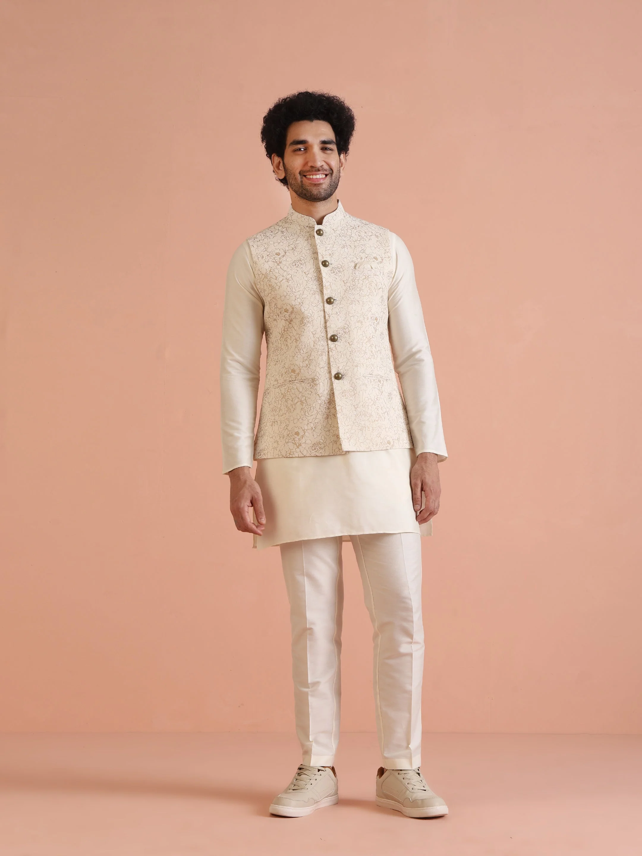 Off-White Floral Print Jacket Set with Kurta & Trouser - Image 8