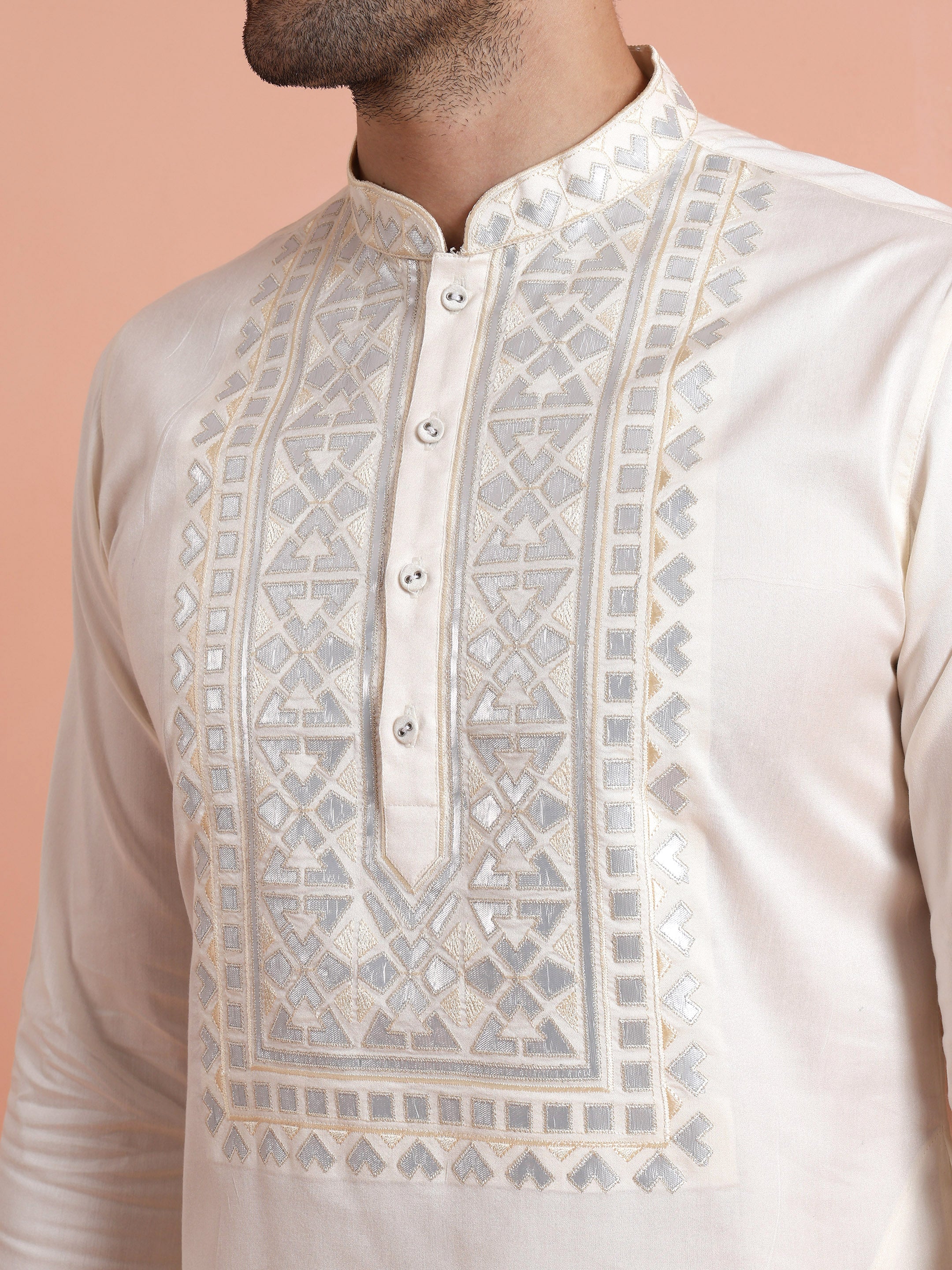 Cream Silk Blend Embroidered Mid Kurta Set - Image 5