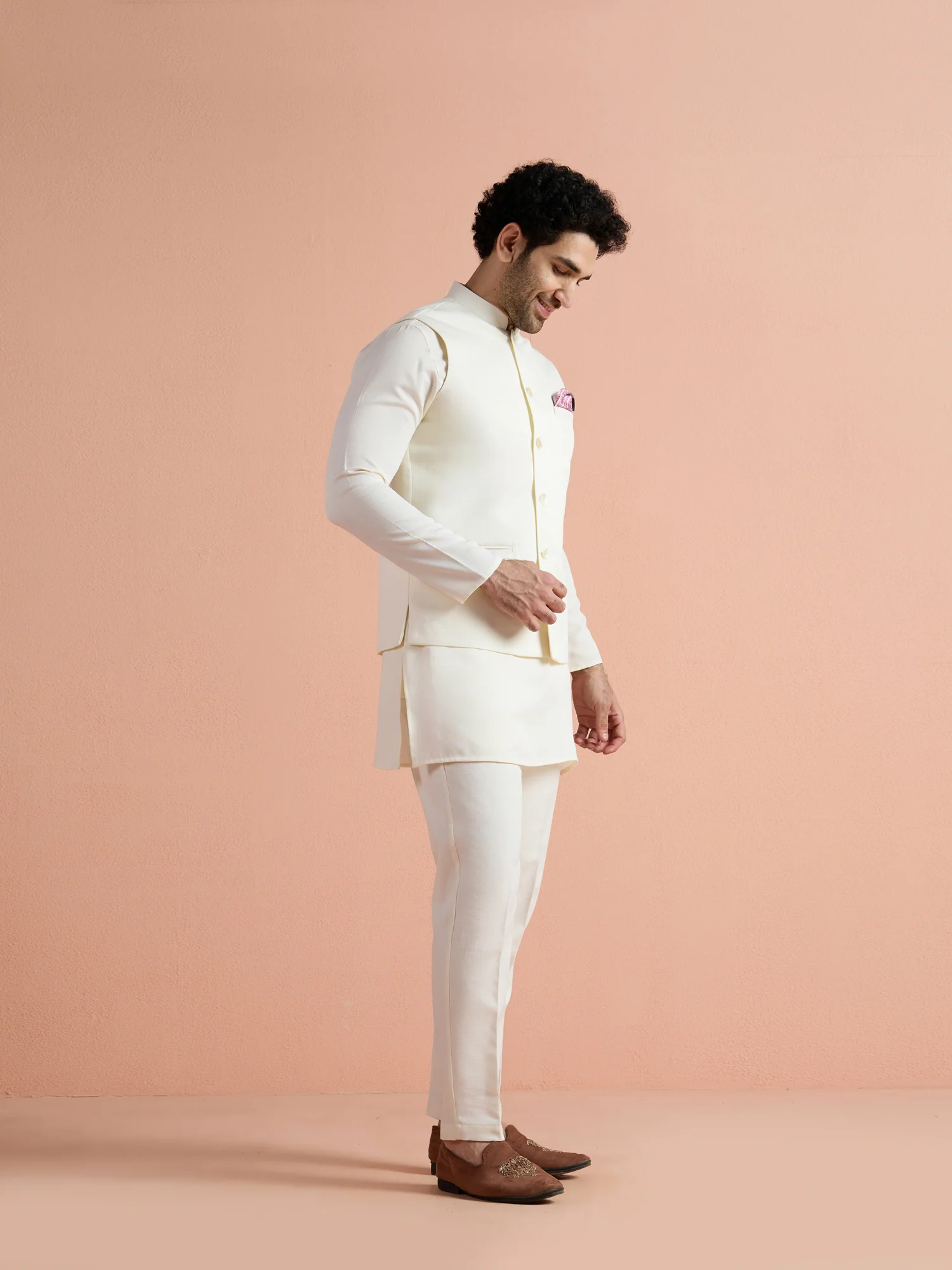 Off White Poly Viscose Solid Mid Kurta Jacket Trouser Set - Image 2