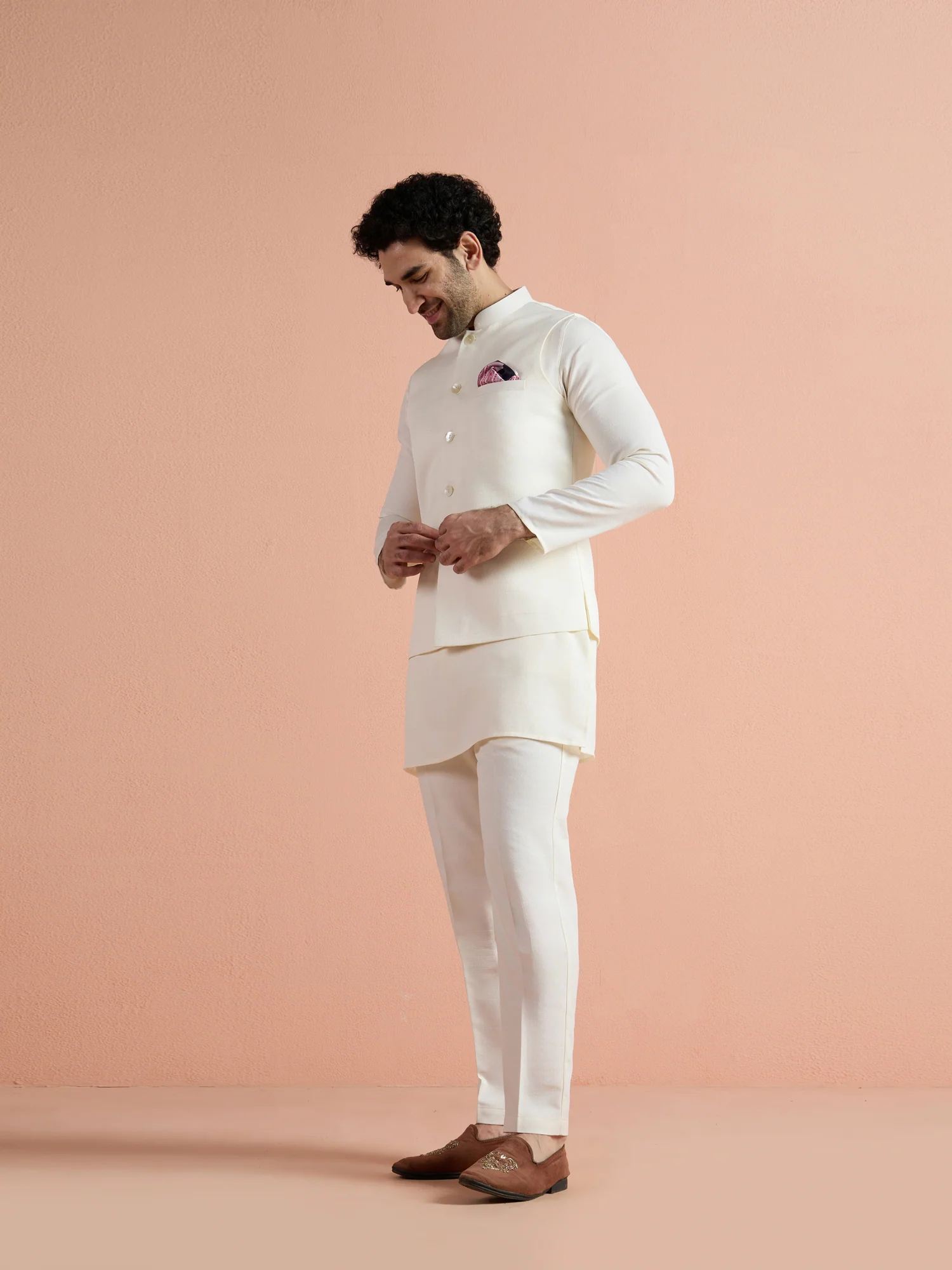 Off White Poly Viscose Solid Mid Kurta Jacket Trouser Set - Image 3
