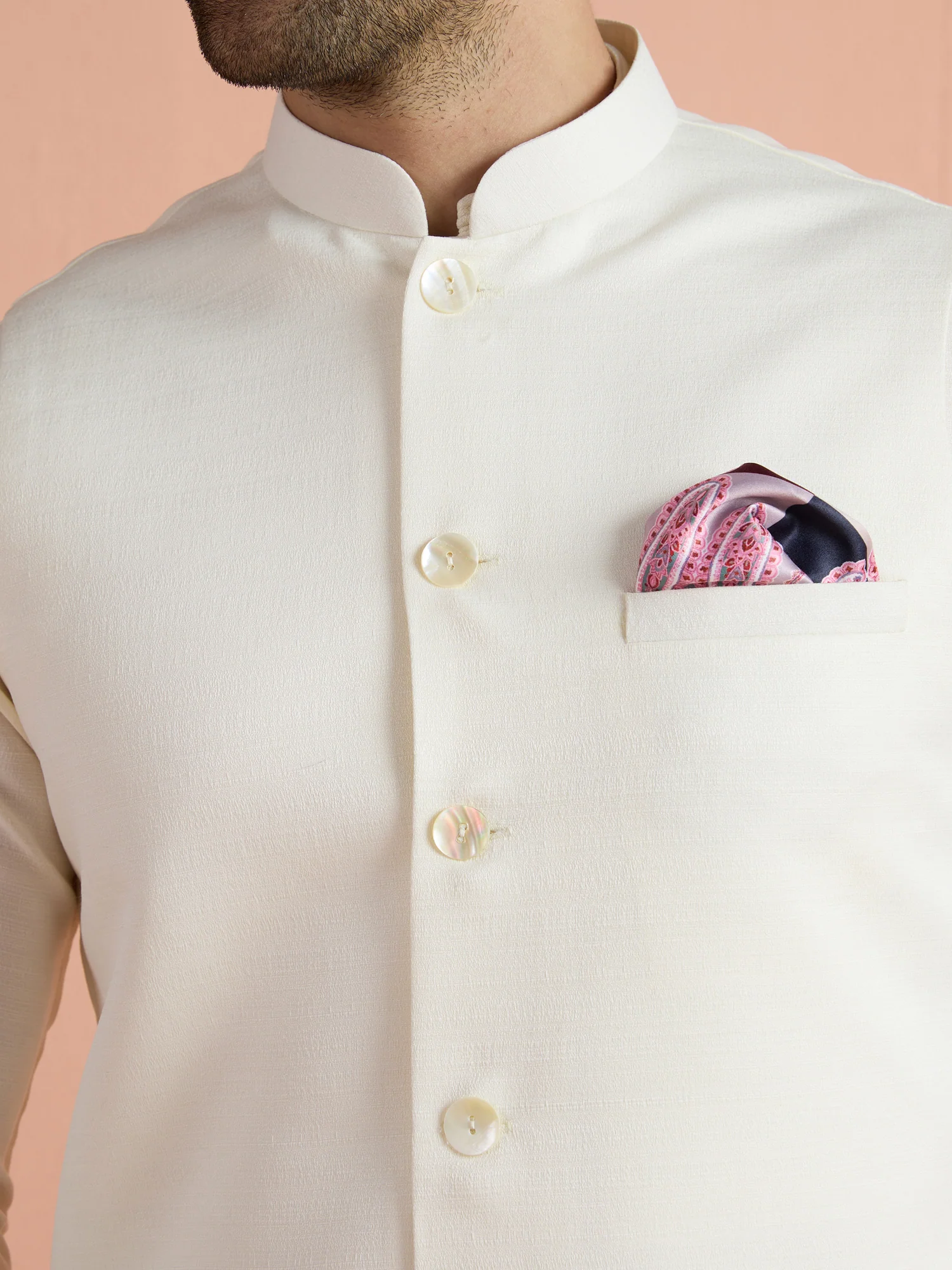 Off White Poly Viscose Solid Mid Kurta Jacket Trouser Set - Image 5