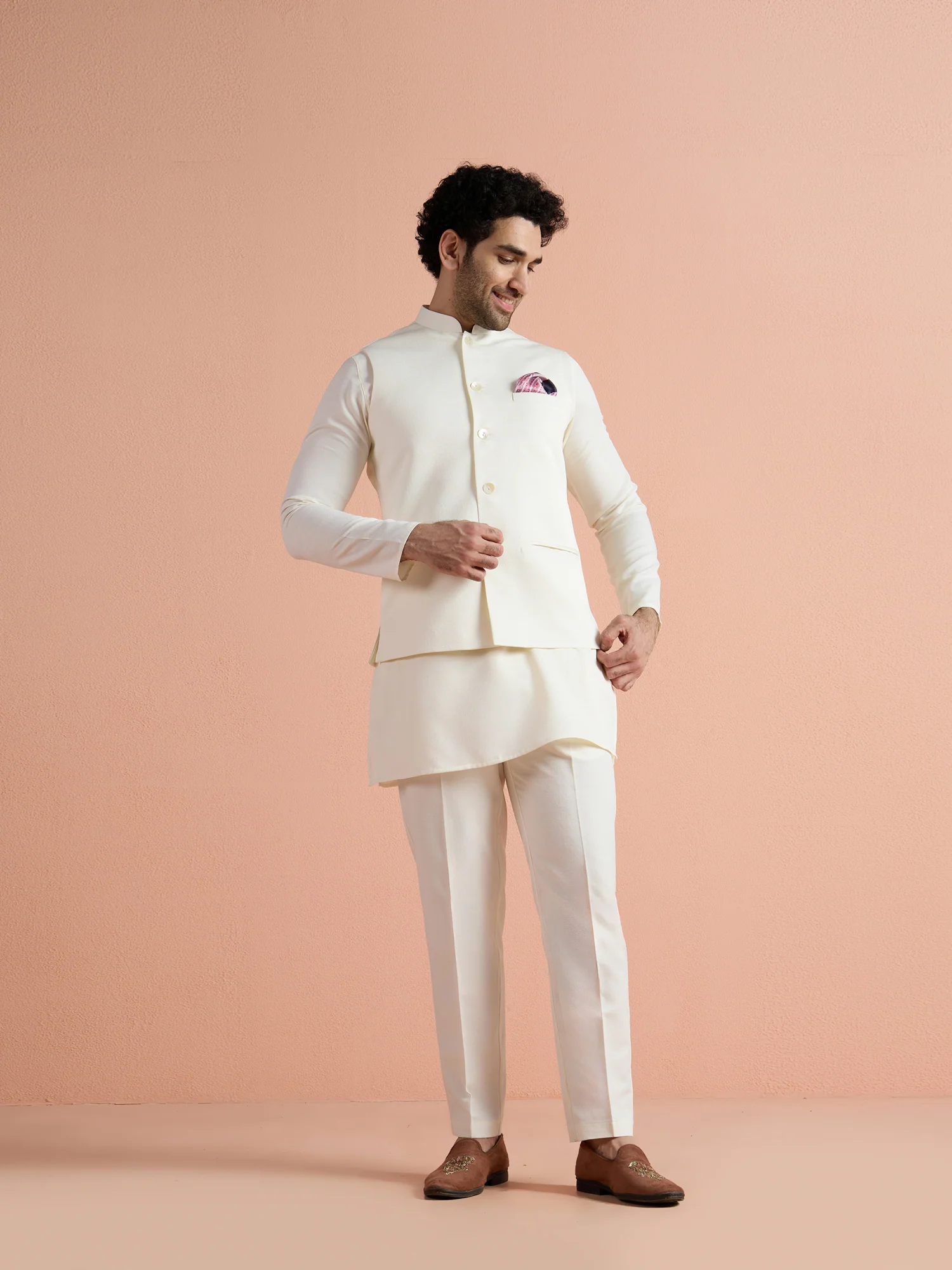 Off White Poly Viscose Solid Mid Kurta Jacket Trouser Set - Image 8