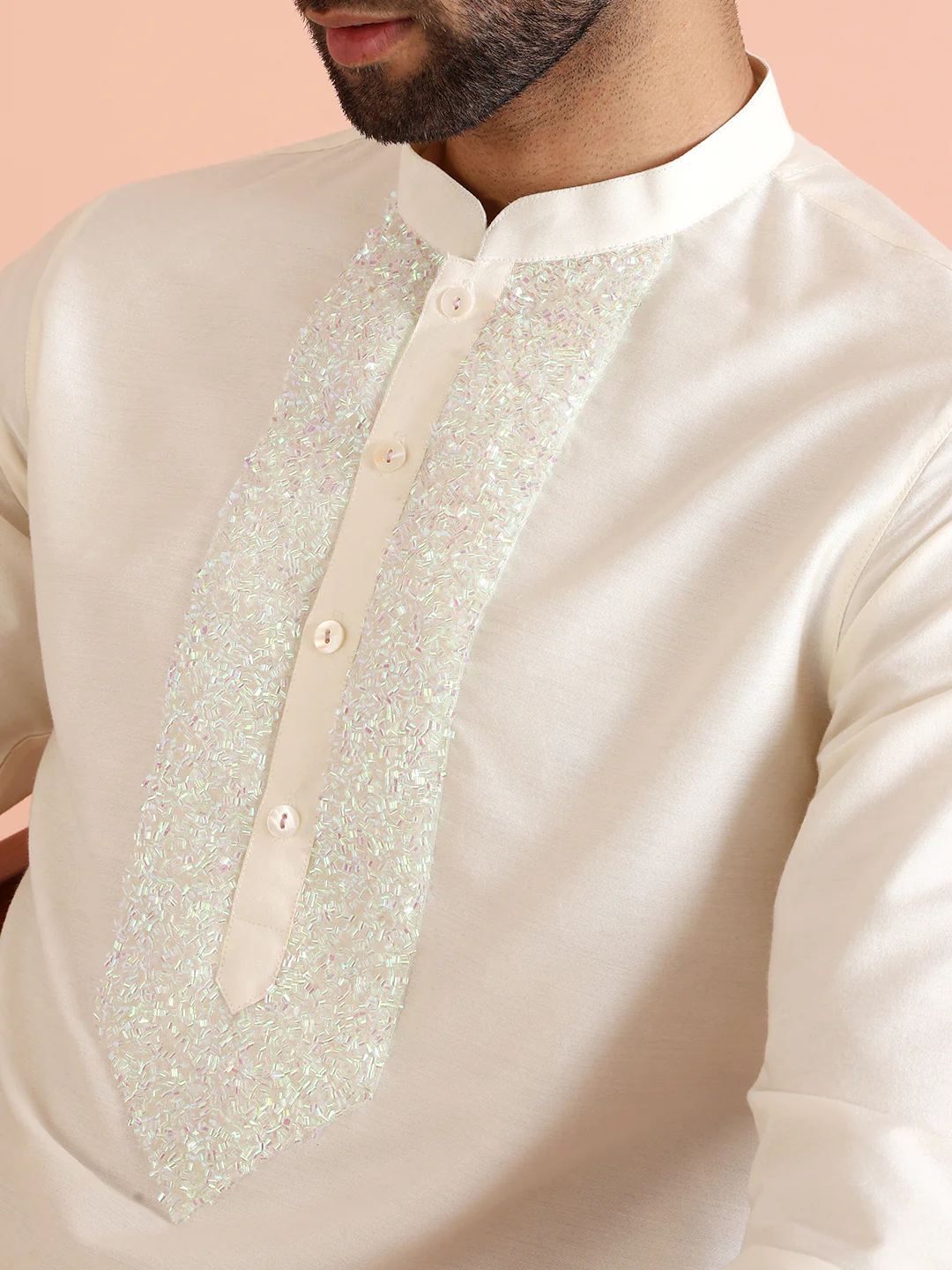 Off White Silk Blend Embroidered Long Kurta - Image 5