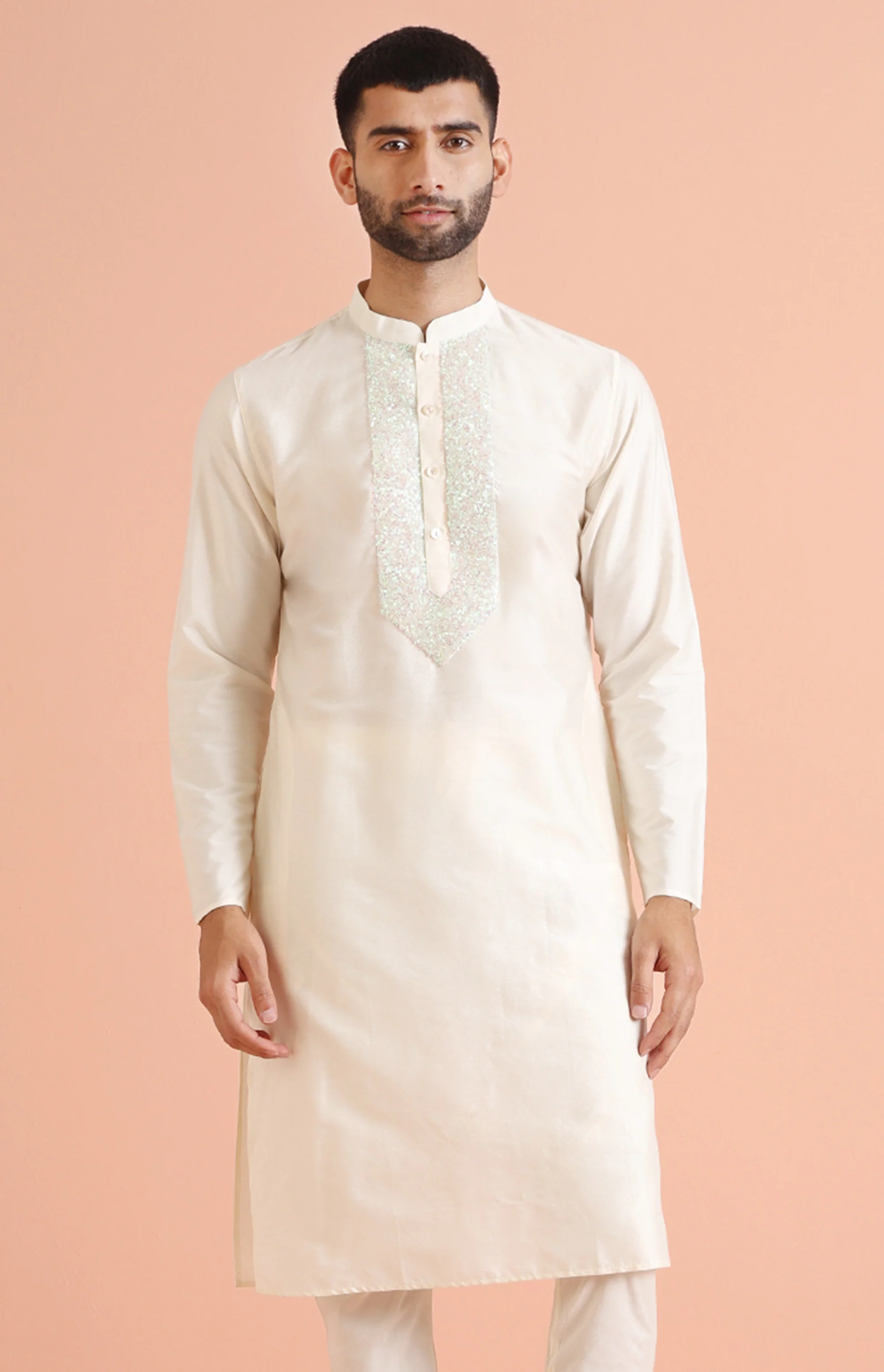 Off White Silk Blend Embroidered Long Kurta - Image 7