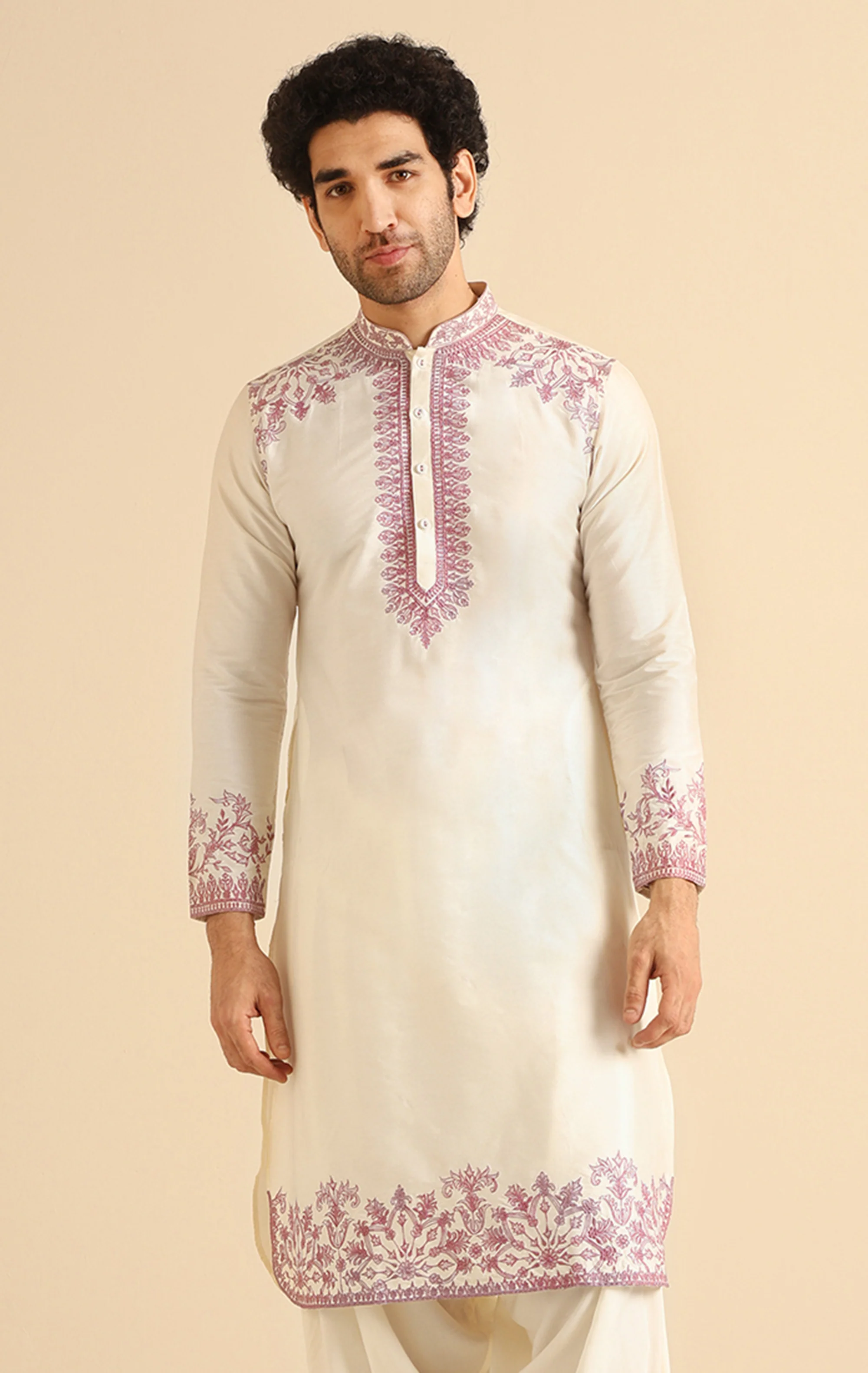 Off-White Silk Blend Embroidered Long Kurta - Image 7