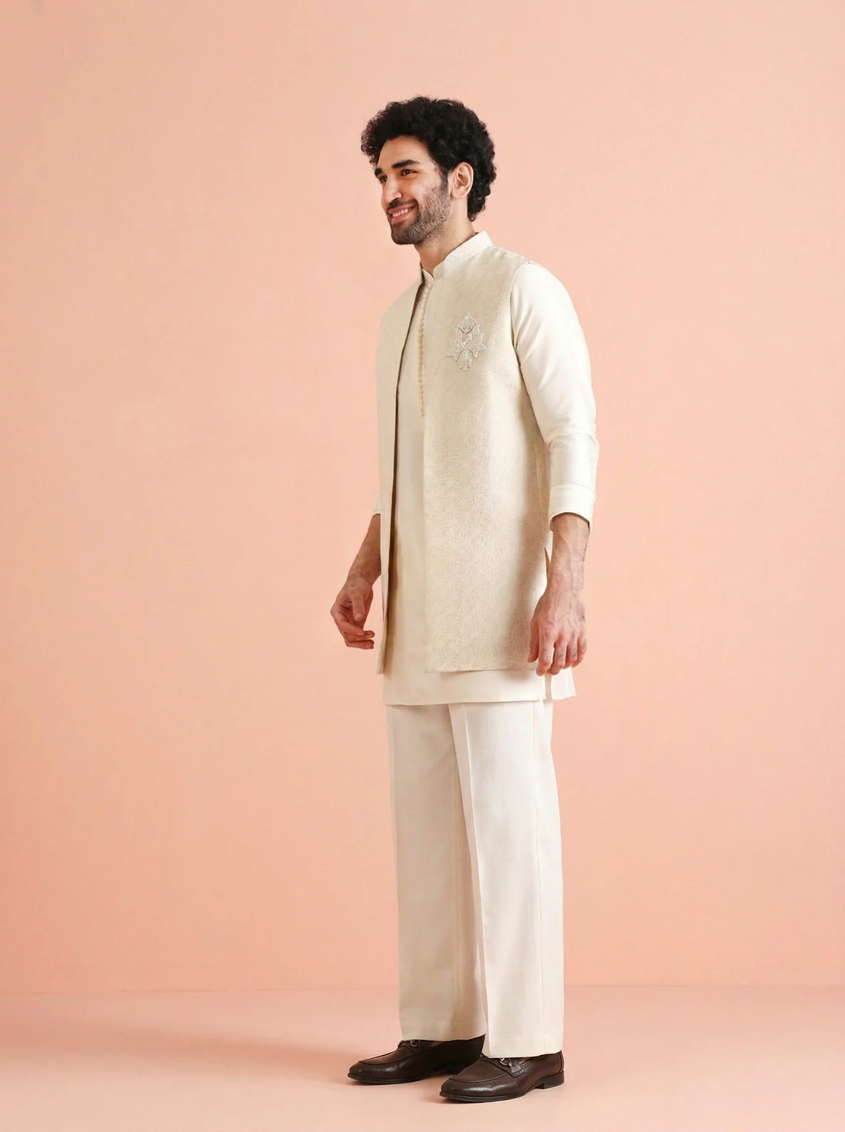 Off White Silk Blend Jacquard Mid Kurta Front Open Jacket Wide Leg Trouser Set - Image 2