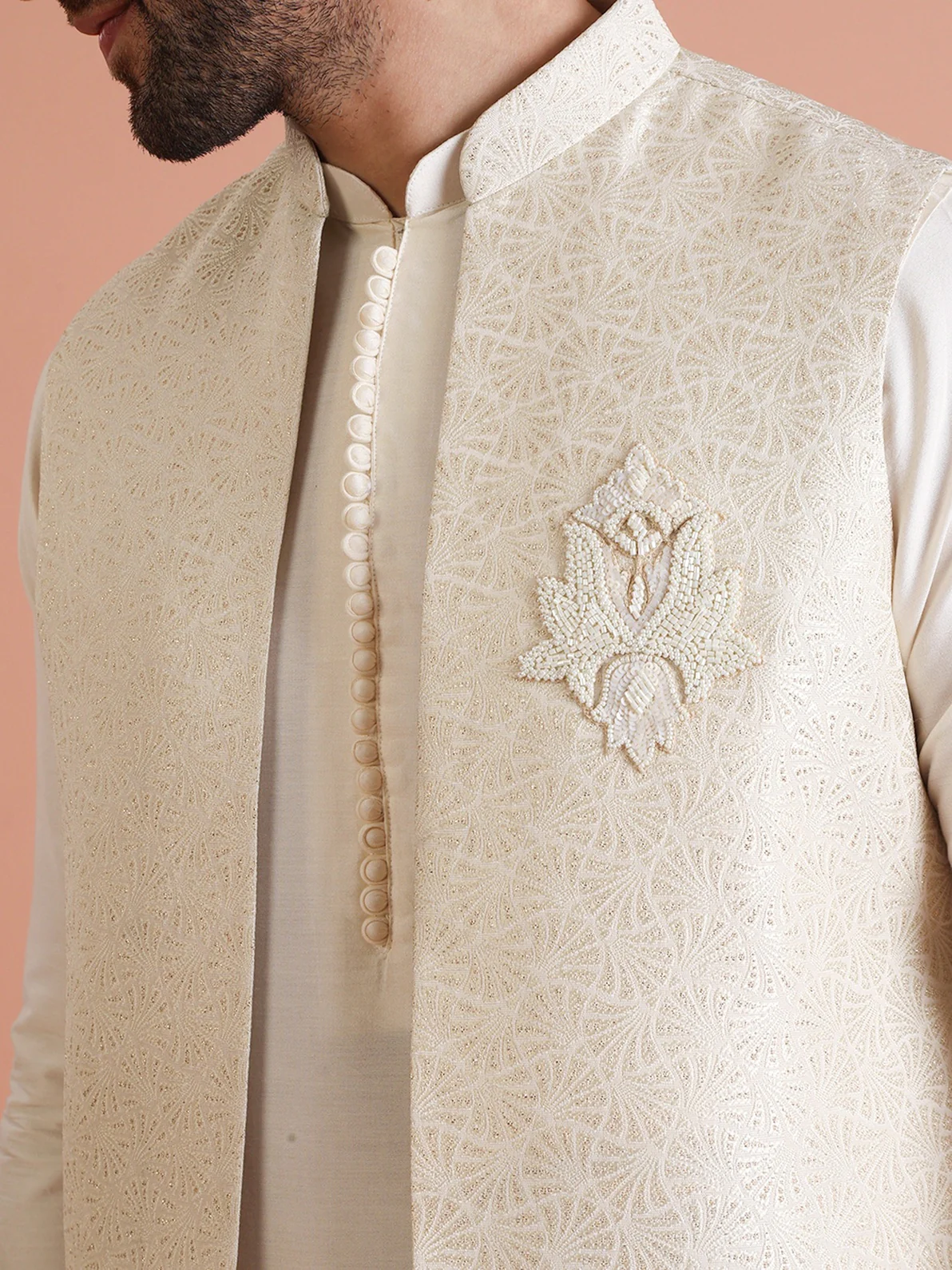 Off White Silk Blend Jacquard Mid Kurta Front Open Jacket Wide Leg Trouser Set - Image 4