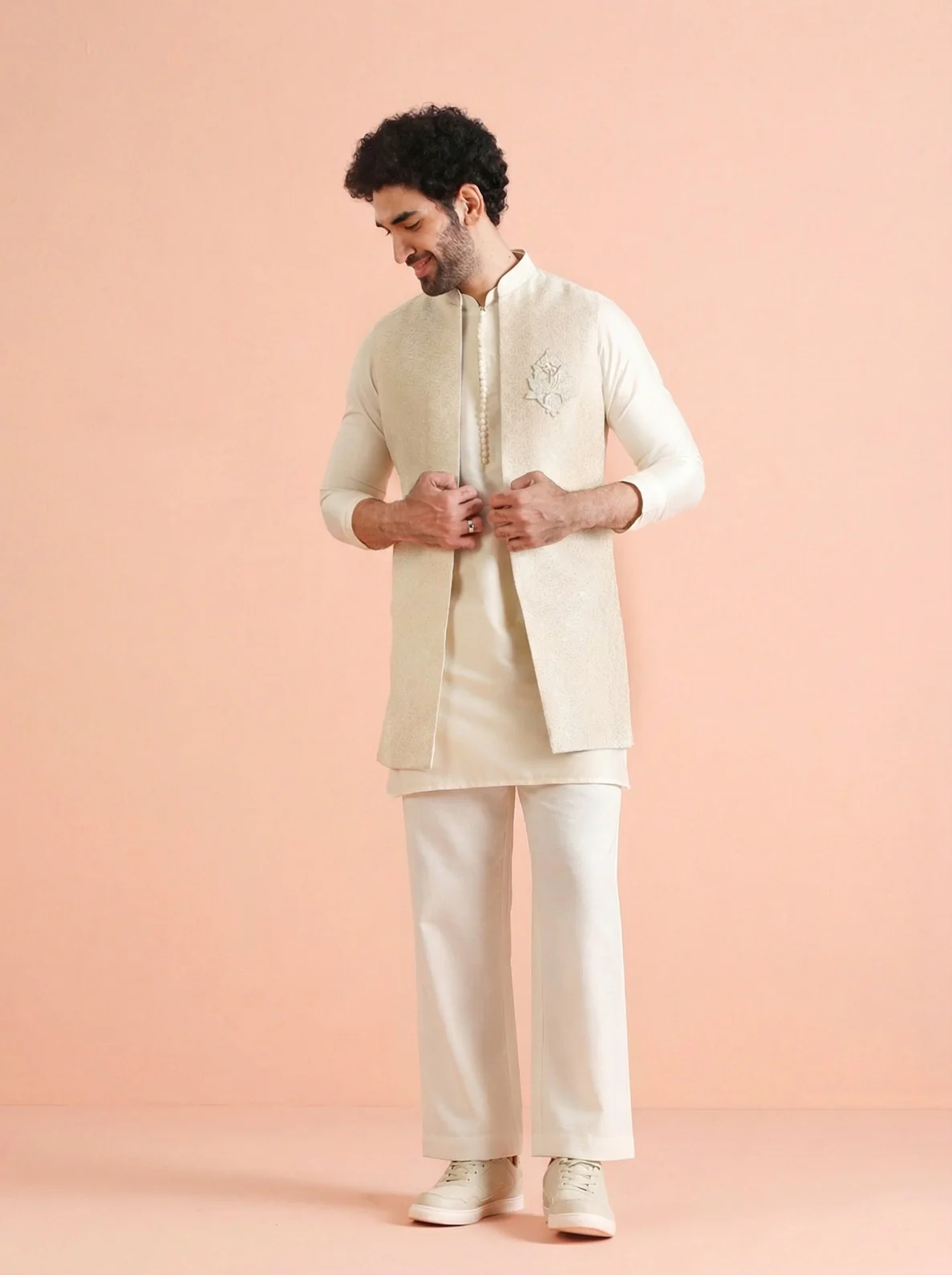 Off White Silk Blend Jacquard Mid Kurta Front Open Jacket Wide Leg Trouser Set - Image 7