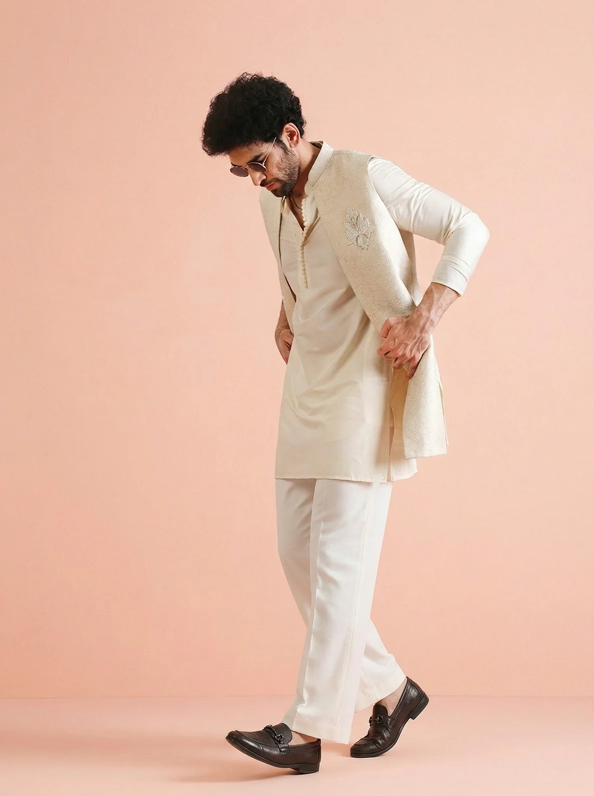 Off White Silk Blend Jacquard Mid Kurta Front Open Jacket Wide Leg Trouser Set - Image 8