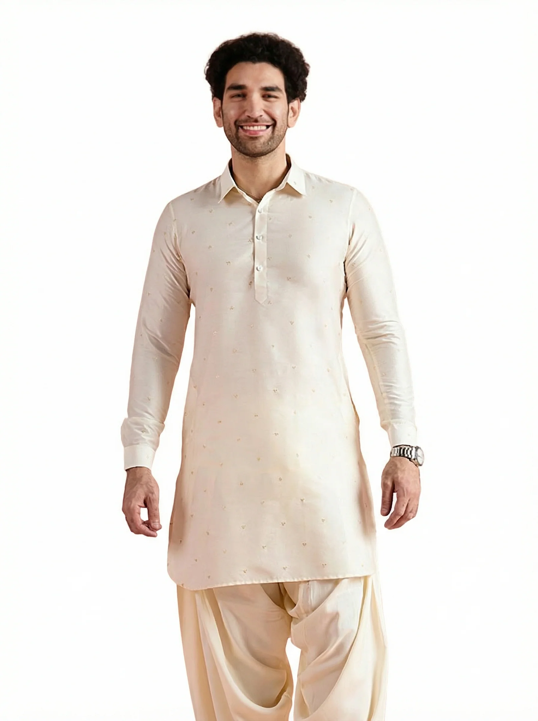 Off-White Viscose Embroidered Pathani Kurta - Image 10