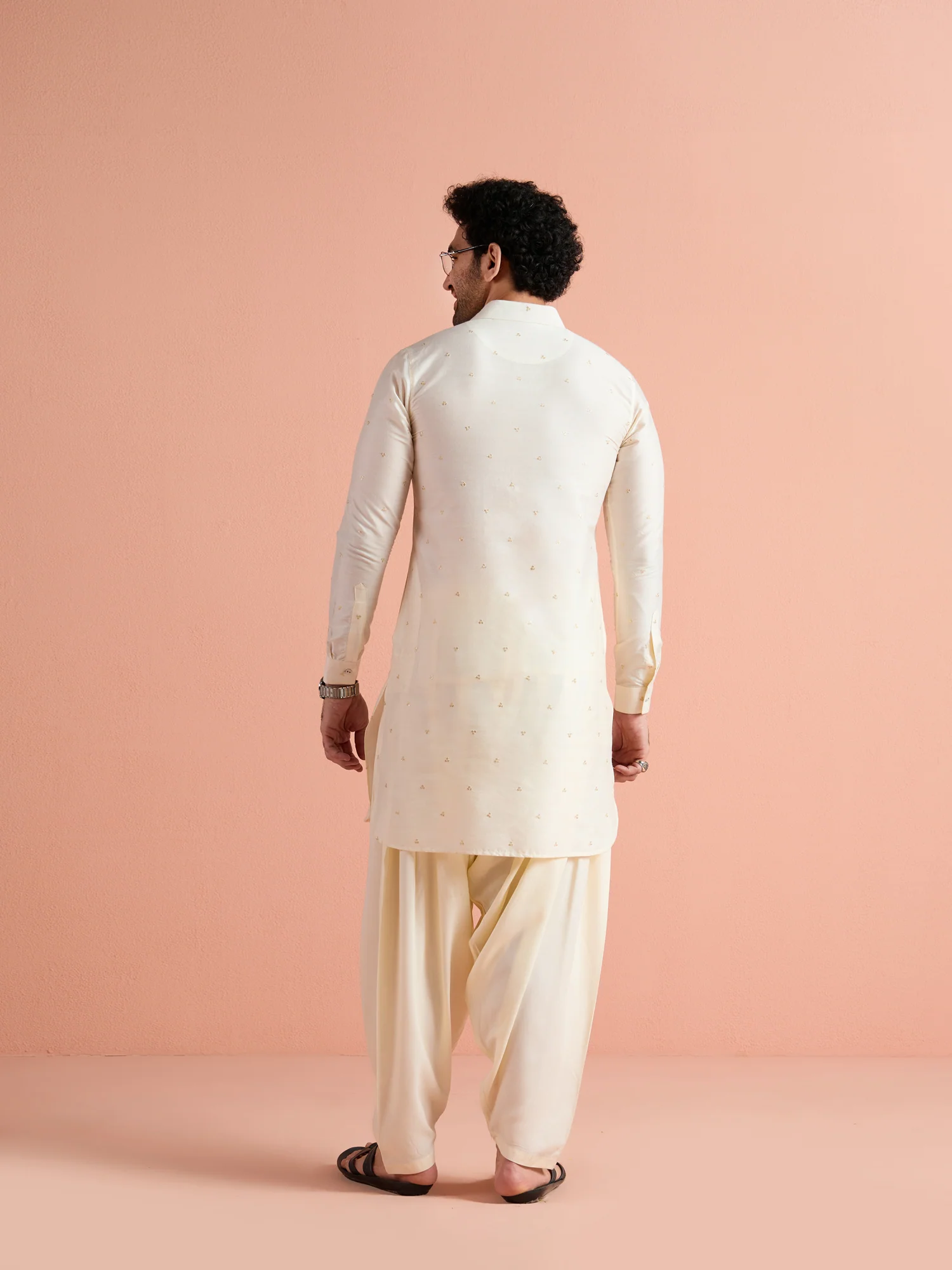 Off-White Viscose Embroidered Pathani Kurta - Image 5