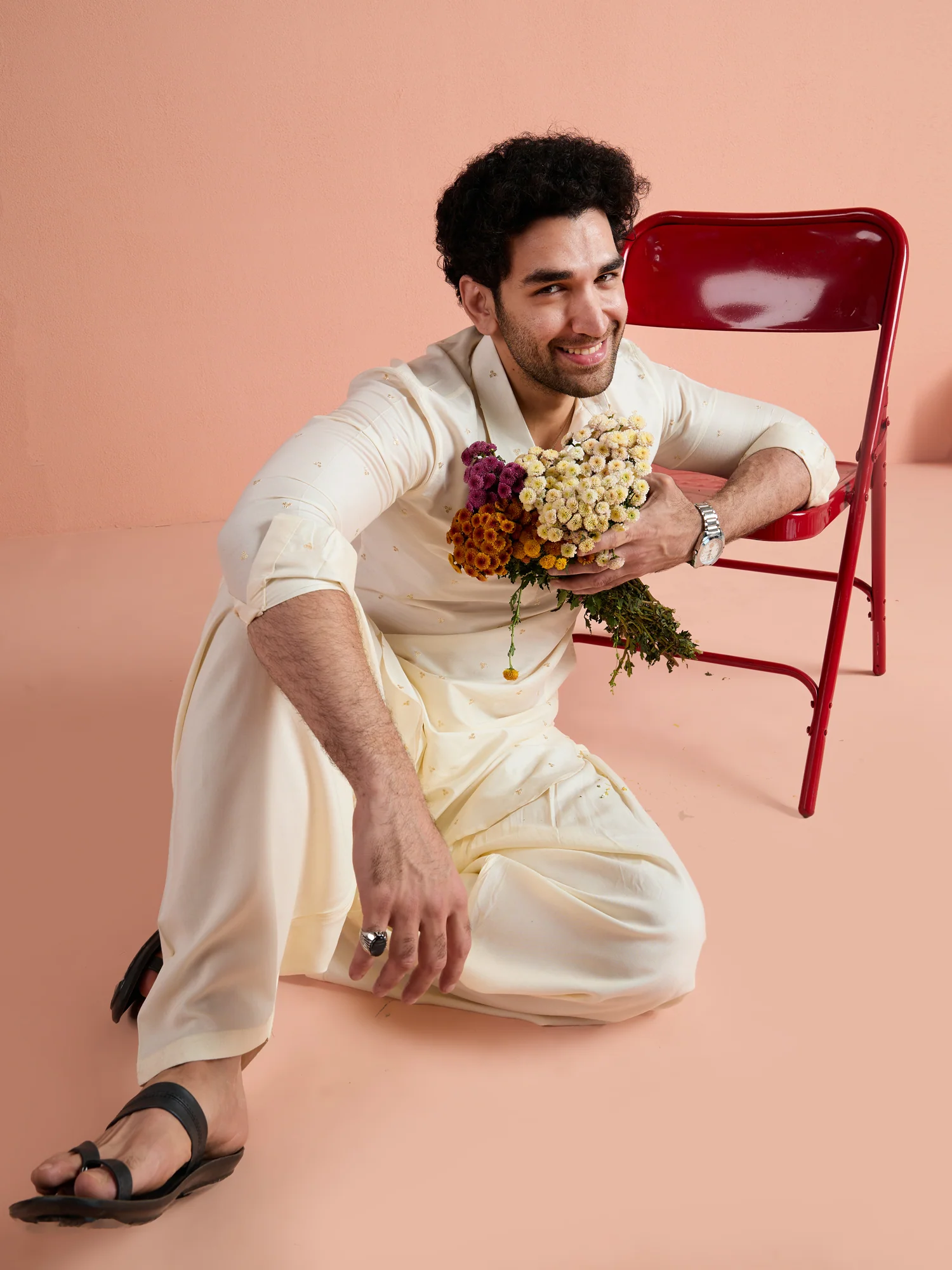 Off-White Viscose Embroidered Pathani Kurta - Image 8